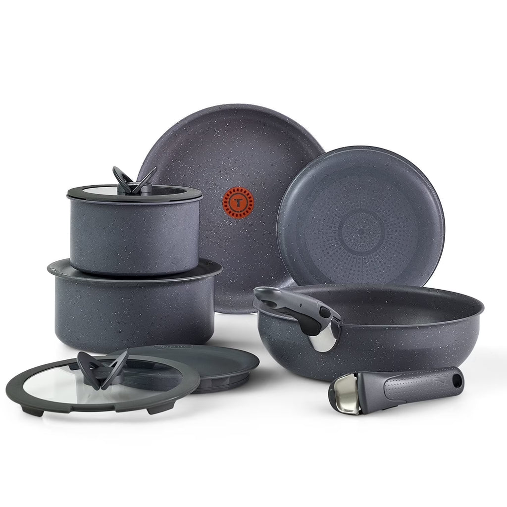 Nouveauté 2026 – Ensemble de 11 pièces antiadhésif T-fal Ingenio Essentials , poignée amovible, compatible four, gril et lave-vaisselle, idéal pour camping-car, couleur granit gris
