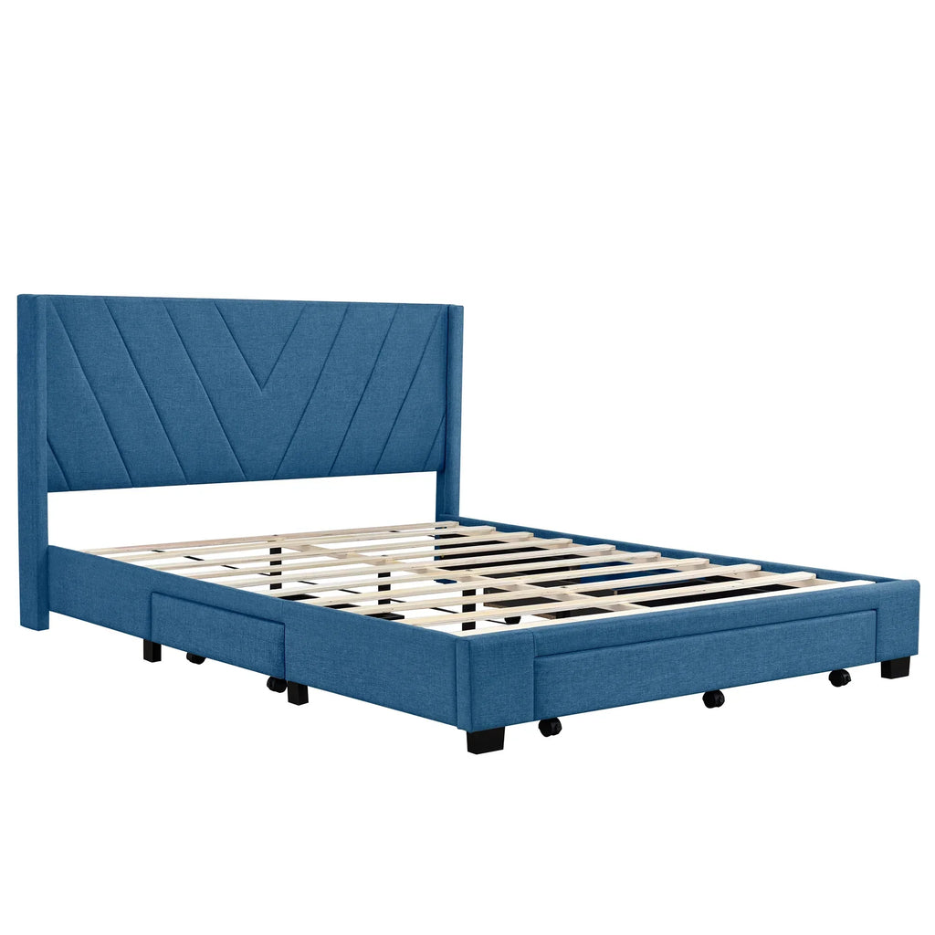 Nouveauté 2026 – Cadre de lit Queen Sesslife avec rangement, nouveau lit plateforme rembourré en lin amélioré avec 3 tiroirs, lit de rangement Queen avec tête de lit et lattes en bois, aucun sommier requis, supporte 227 kg, beige