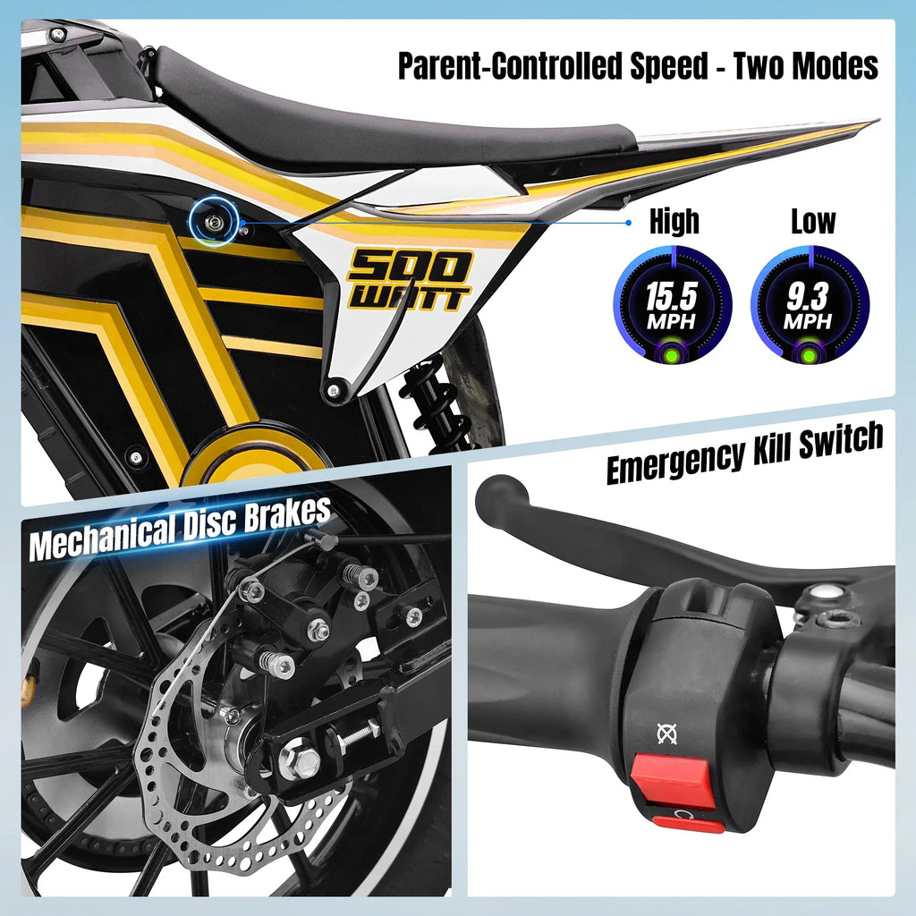Nouveauté 2026 – Moto tout-terrain électrique QEASET , 500 W, pour enfants (garçons et filles) de 8 à 14 ans, bleue