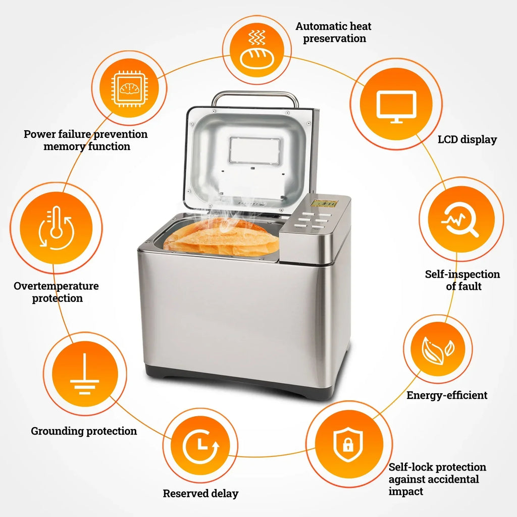 Nouveauté 2026 – Machine à pain KBS 19-en-1 2LB entièrement automatique, écran LCD, acier inoxydable, modèle n° 013