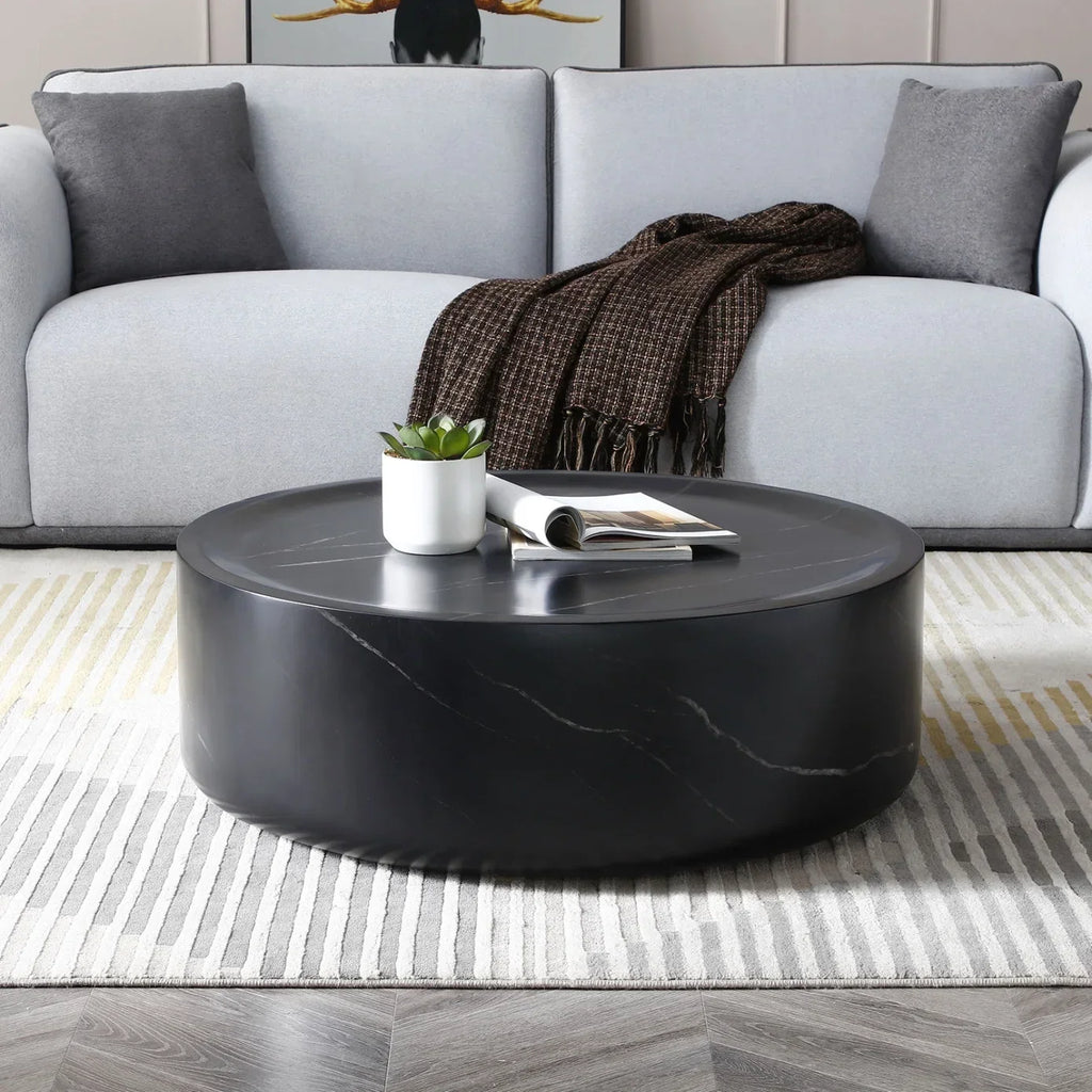 Nouveauté 2026 – Table basse ronde 31,49'' avec texture marbre, table basse circulaire moderne en fibre de verre, table d'appoint pour salon ou extérieur, livrée montée, finition marbre