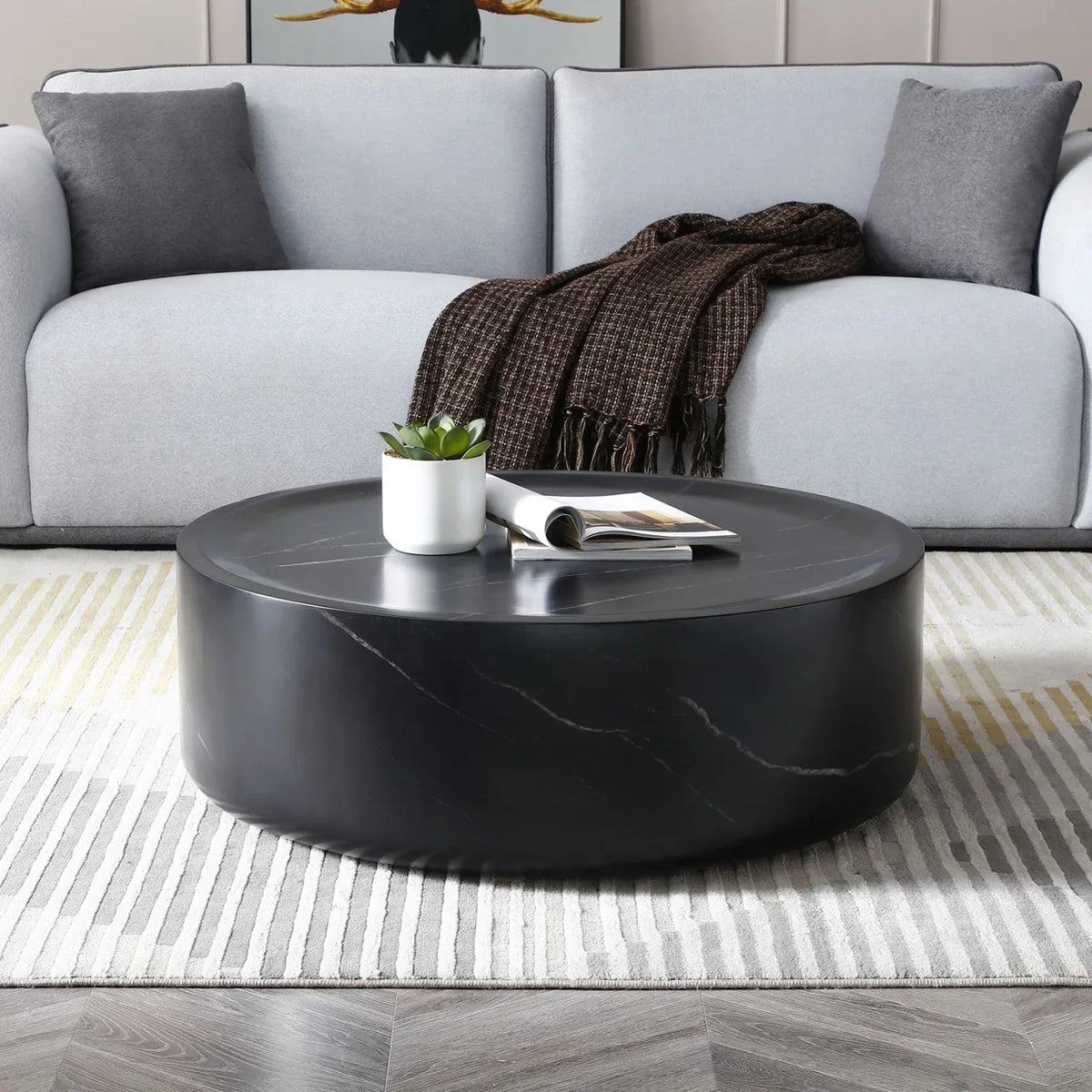 Nouveauté 2026 – Table basse ronde 31,49'' avec texture marbre, table basse circulaire moderne en fibre de verre, table d'appoint pour salon ou extérieur, livrée montée, finition marbre