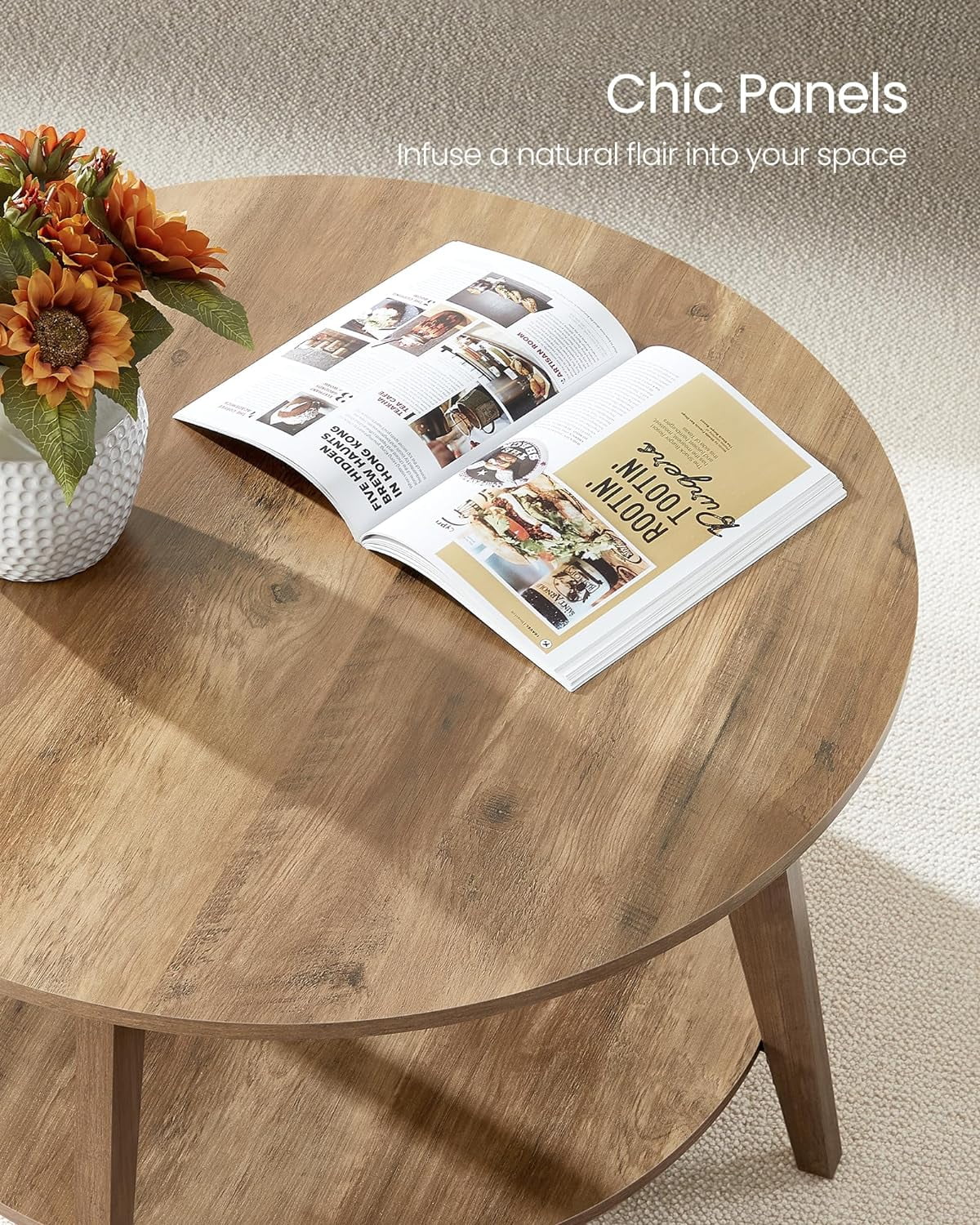 Nouveauté 2026 – Table basse ronde VASAGLE , table basse à 2 niveaux avec rangement, pour salon, 80 x 45 cm, facile à monter, couleur miel