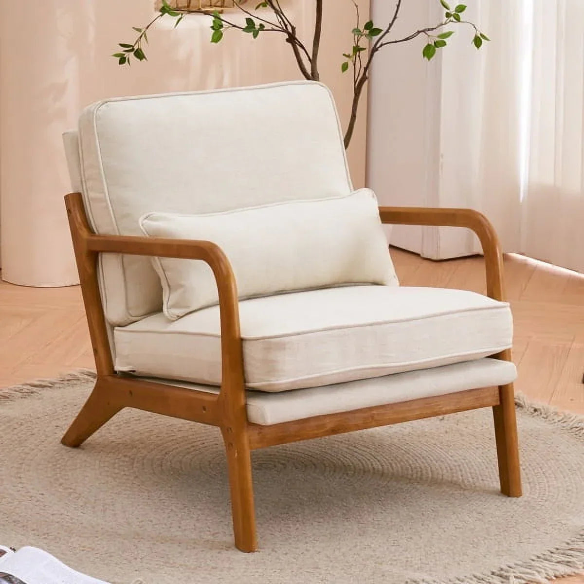 Nouveauté 2026 – Fauteuil de lecture Accent Chairs , fauteuil lounge en lin avec structure en bois massif, style moderne du milieu du siècle, montage facile, pour salon - Beige