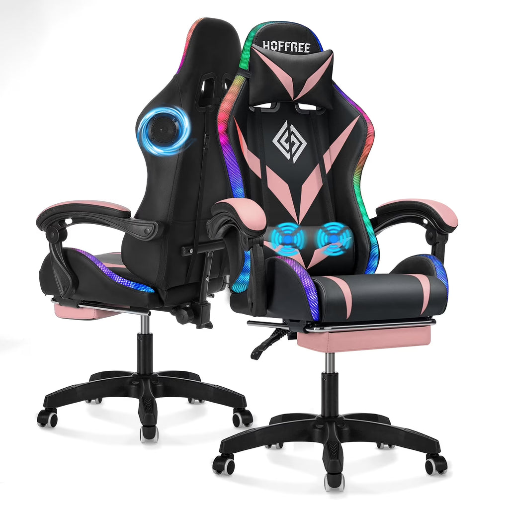 Nouveauté 2026 – Fauteuil de jeu Hoffree avec haut-parleurs intégrés, en cuir PU, repose-pieds et éclairage LED. Fauteuil ergonomique pour gamer avec massage, soutien lombaire et appui-tête pivotant et réglable. Idéal pour le télétravail et le bureau
