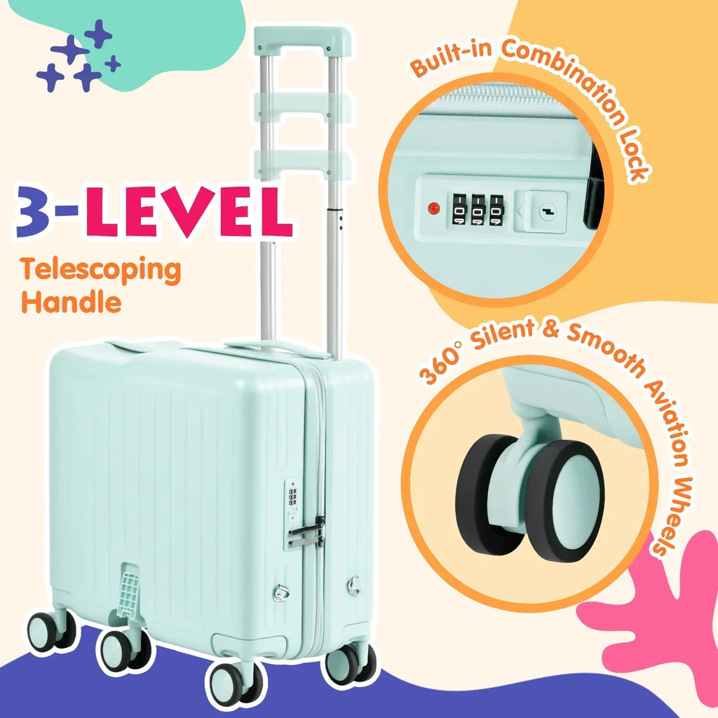 Nouveauté 2026 – Valise à roulettes Advwin pour enfants, avec sangle de traction, repose-pieds, porte-gobelet, 6 roues et poignée réglable, valise pivotante de 45,7 cm (18 pouces) avec autocollants et carte d'embarquement, rose