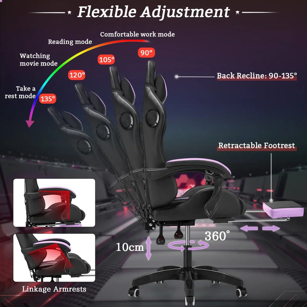 Nouveauté 2026 – Fauteuil de jeu Hoffree avec haut-parleurs intégrés, en cuir PU, repose-pieds et éclairage LED. Fauteuil ergonomique pour gamer avec massage, soutien lombaire et appui-tête pivotant et réglable. Idéal pour le télétravail et le bureau