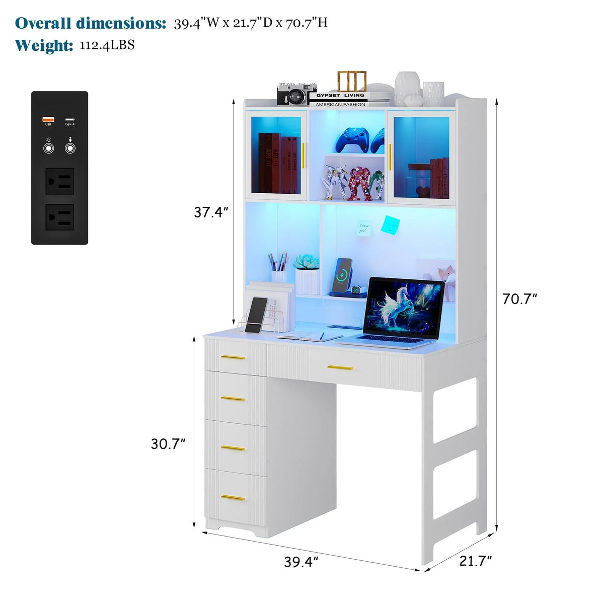 Nouveauté 2026 – Bureau d'étude LED HNEBC avec étagère et tiroir, bureau pour bureau à domicile avec prise électrique, bureau d'ordinateur avec station de charge, bureau d'écriture pour chambre, poste de travail pour petits espaces