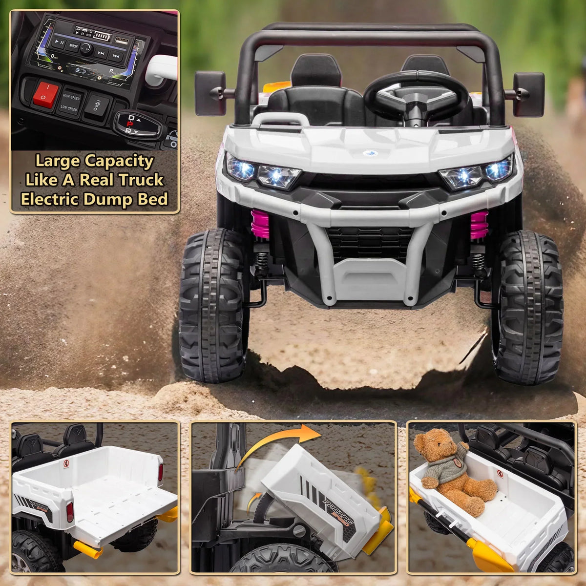 Nouveauté 2026 – Camion électrique Xuanlur 24V 2 places pour enfants , avec moteur 2x200W, benne basculante/pelle, pneus résistants, lumières LED, musique et télécommande, noir