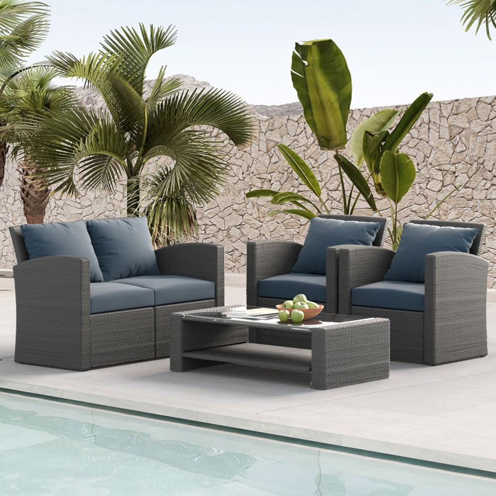 Nouveauté 2026 – Ensemble de mobilier de patio 7 pièces , canapé d'angle en rotin PE, ensemble de conversation avec coussins et table basse en verre, pour balcon, pelouse et jardin, gris