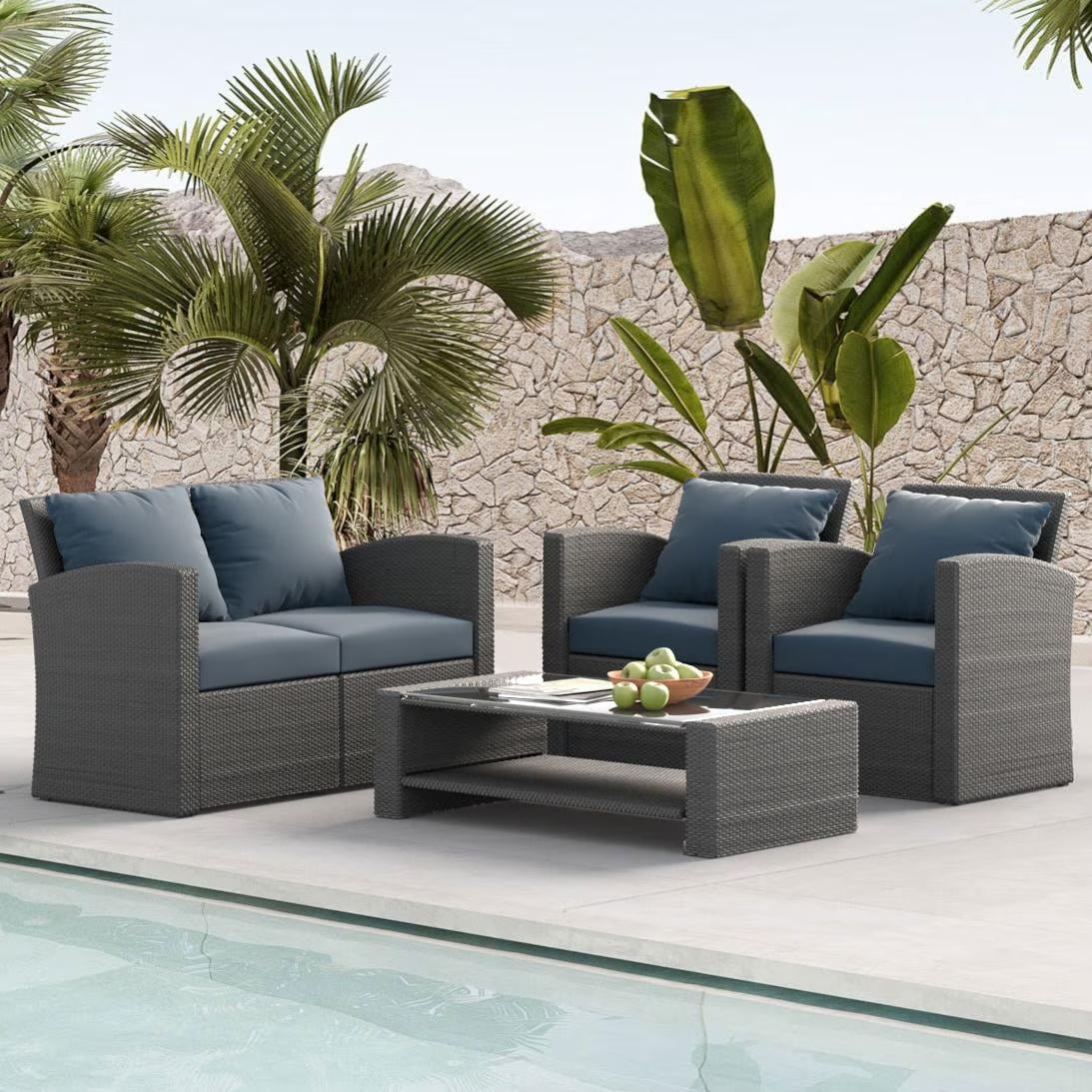 Nouveauté 2026 – Ensemble de mobilier de patio 7 pièces , canapé d'angle en rotin PE, ensemble de conversation avec coussins et table basse en verre, pour balcon, pelouse et jardin, gris