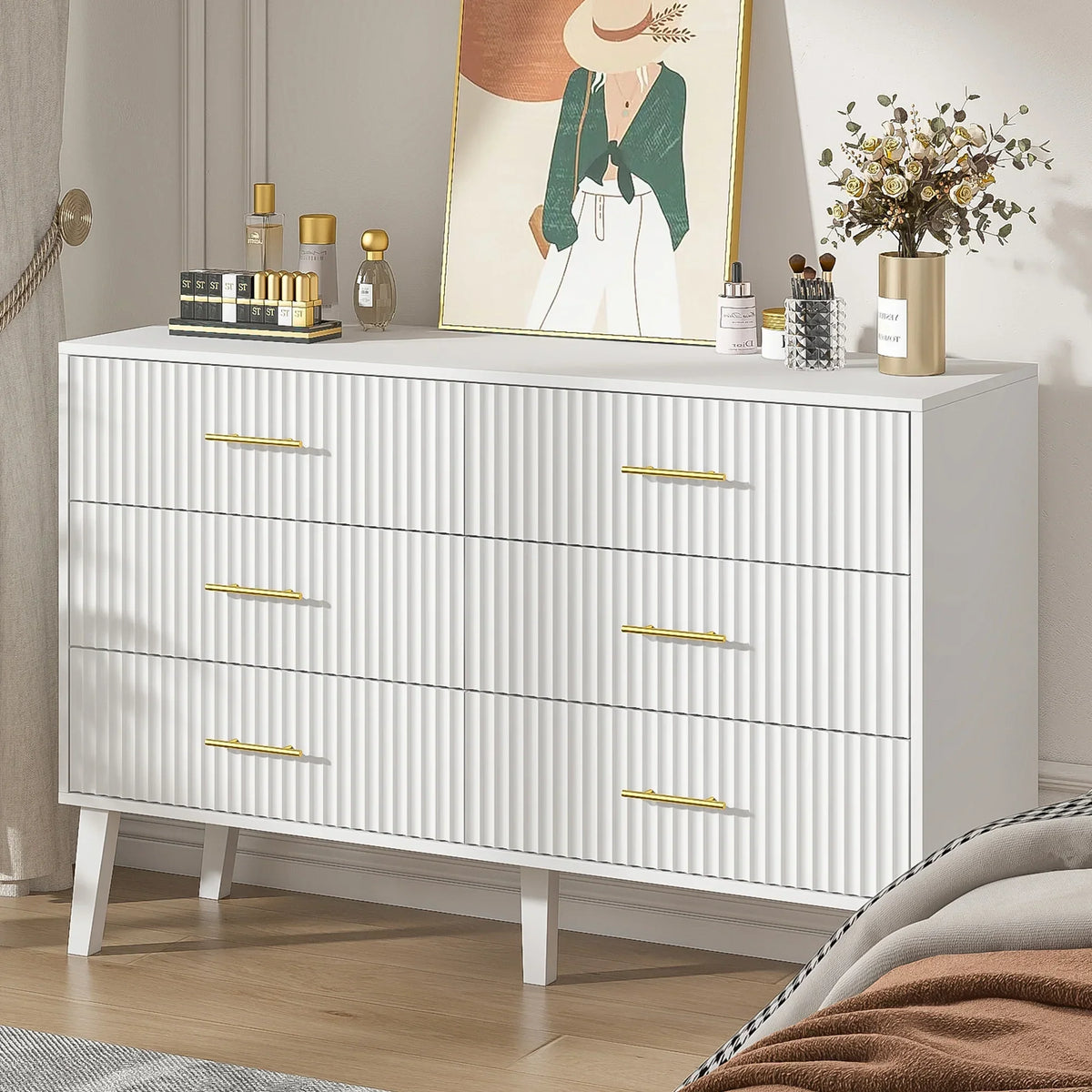 Nouveauté 2026 – Commode à 6 tiroirs Fluted , commode moderne large, commode double à 6 tiroirs