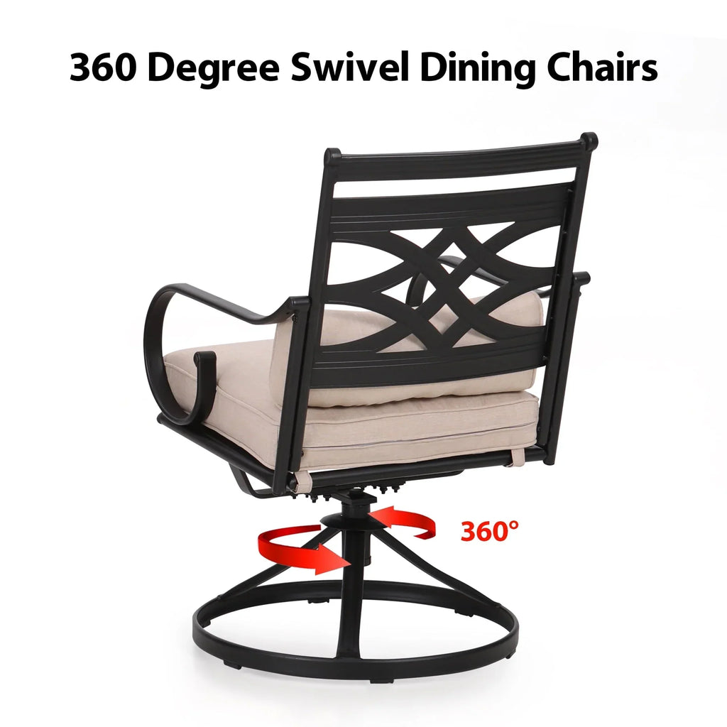 Nouveauté 2026 – Ensemble de salle à manger d'extérieur 5 pièces MF Studio : 1 table ronde en métal et 4 chaises pivotantes d'extérieur avec coussins
