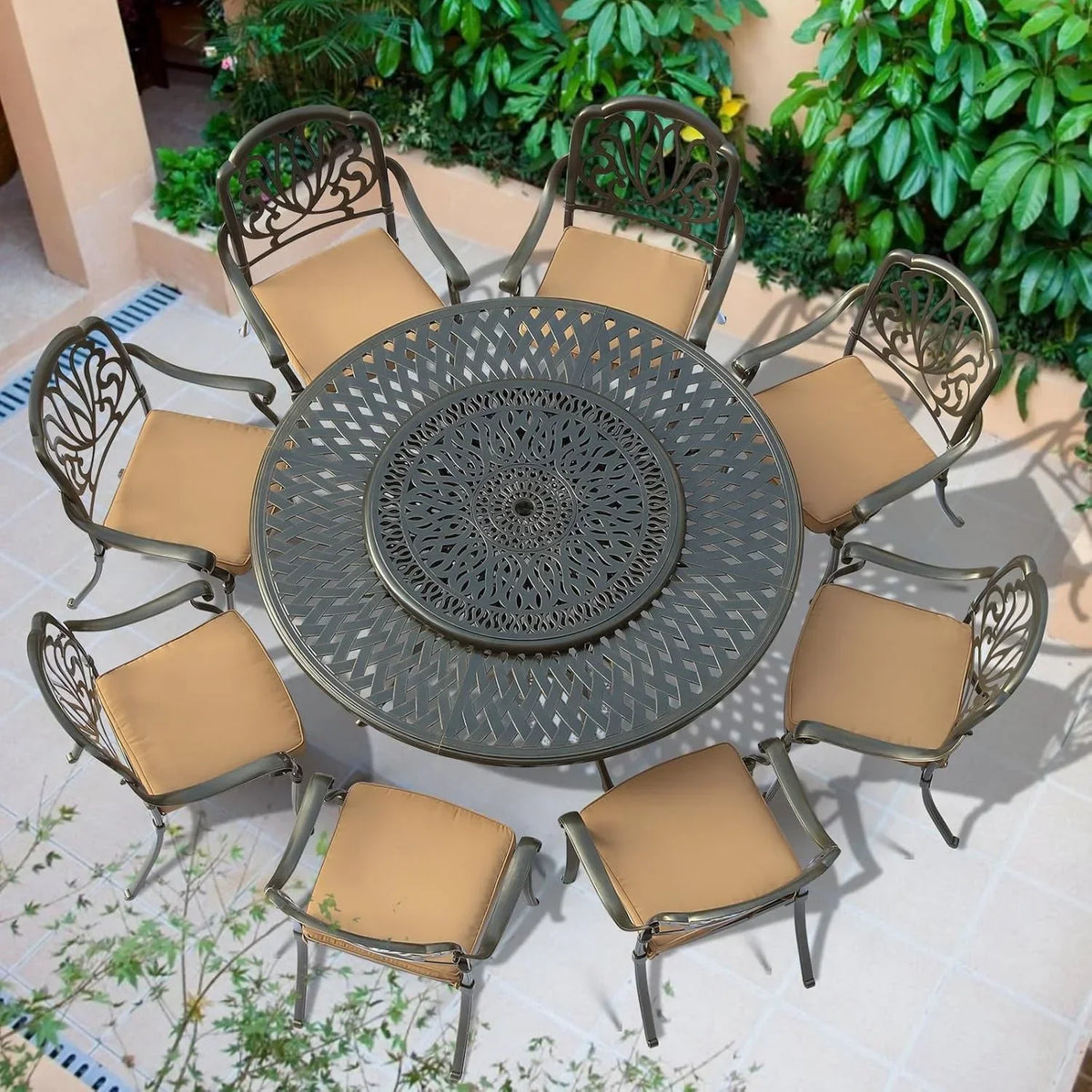 Nouveauté 2026 – Table de salle à manger d'extérieur VIVIJASON , 155 cm (61 po), pour 6 à 8 personnes, grande table ronde avec plateau tournant de 61 cm (24 po), en aluminium moulé bronze foncé au style rustique, avec trou pour parasol, idéale pour b
