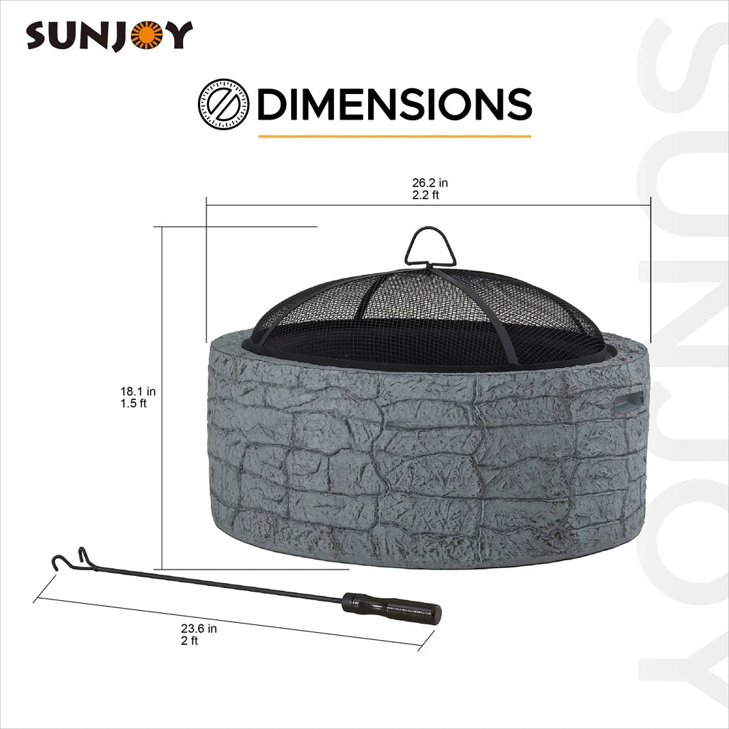 Nouveauté 2026 – Foyer extérieur rond en pierre Sunjoy , 66 cm (26 pouces), avec pare-étincelles et tisonnier, gris