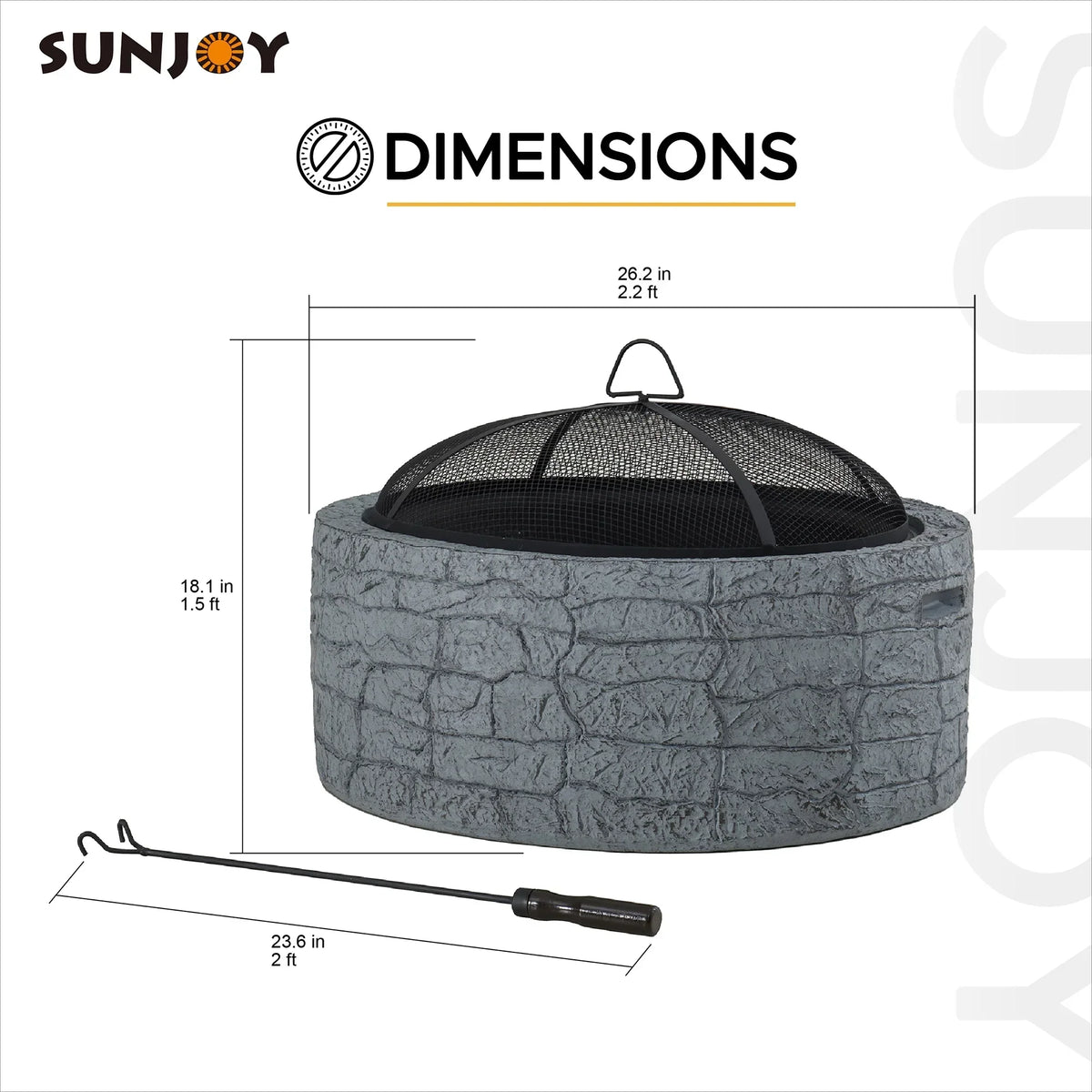 Nouveauté 2026 – Foyer extérieur rond en pierre Sunjoy , 66 cm (26 pouces), avec pare-étincelles et tisonnier, gris