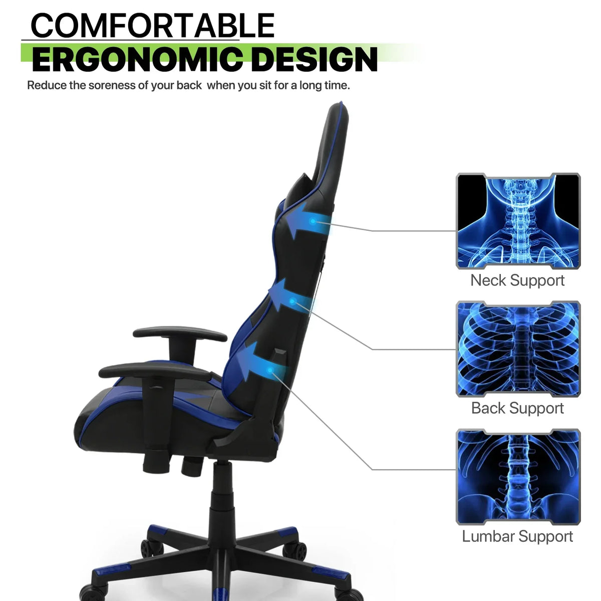 Nouveauté 2026 – Chaise de jeu ergonomique Magshion , chaise de jeu confortable, chaise de bureau en cuir, chaise de jeu pivotante et réglable, bleue
