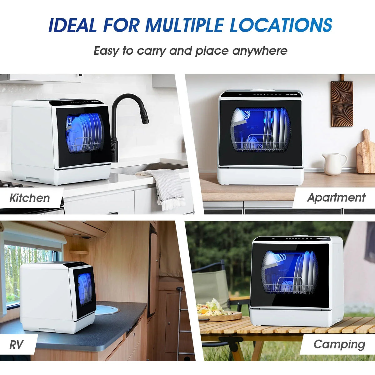 Nouveauté 2026 – Lave-vaisselle portable de comptoir AIRMSEN avec réservoir d'eau intégré de 5 litres et fonction de séchage à l'air, 5 programmes de lavage, mini lave-vaisselle, AE-TDQR03