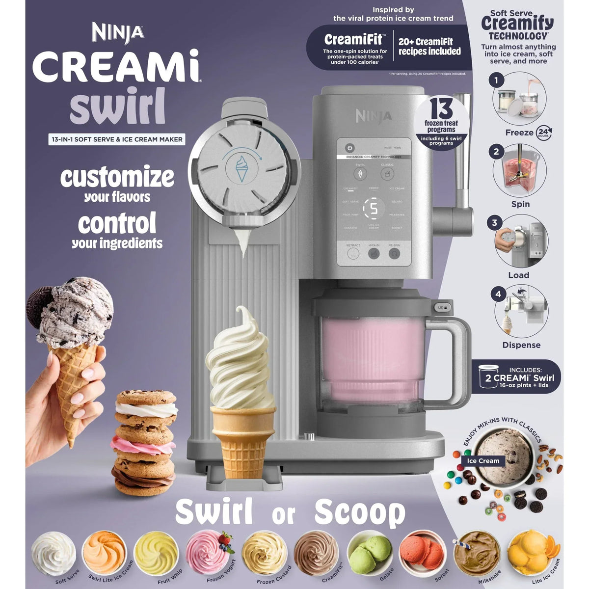 Nouveauté 2026 – Machine à crème glacée et à glace molle Ninja Swirl de CREAMi , 13 programmes à une touche, NC701