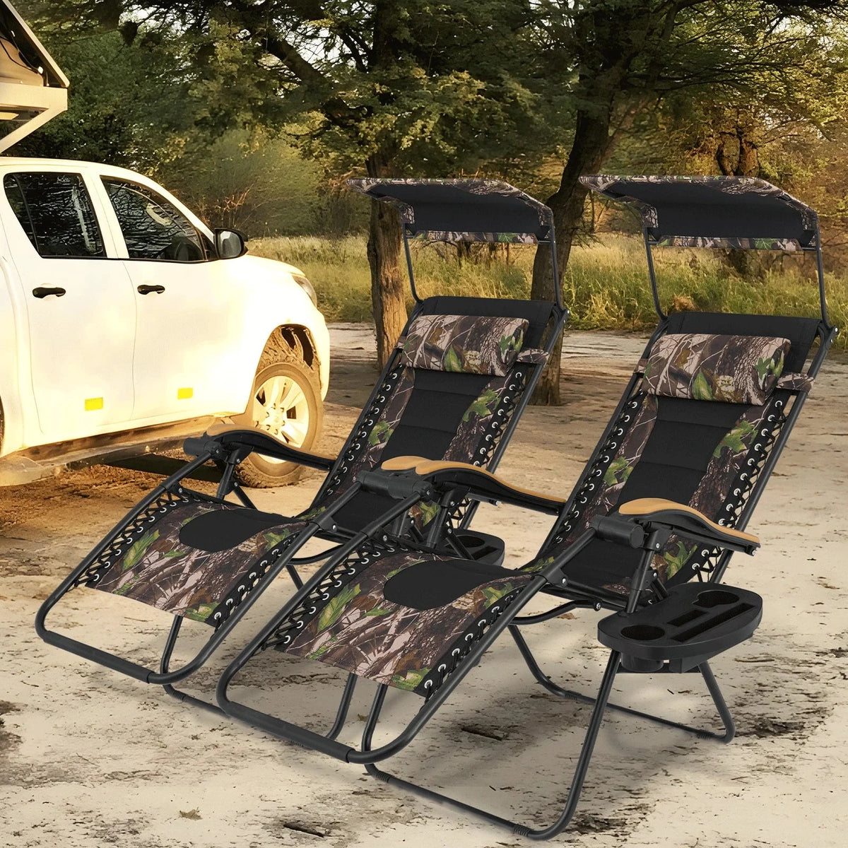 Nouveauté 2026 – Ensemble de 2 chaises MoNiBloom Zero Gravity , fauteuils de plage/terrasse pliables avec auvent et appui-tête, noirs