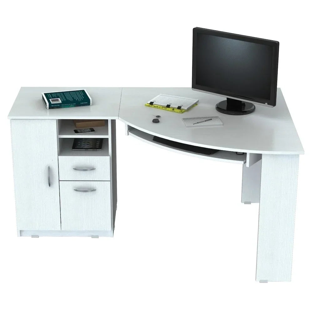 Nouveauté 2026 – Bureau d'angle moderne Inval avec 2 tiroirs et un placard, chêne blanchi