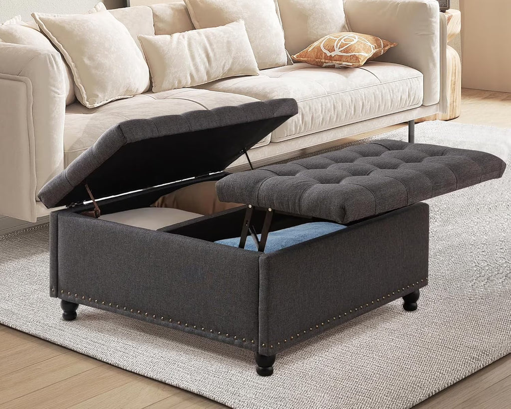 Nouveauté 2026 – Pouf de rangement carré Magic Union 35" , grand modèle, avec plateau relevable et revêtement capitonné, idéal pour le salon (beige