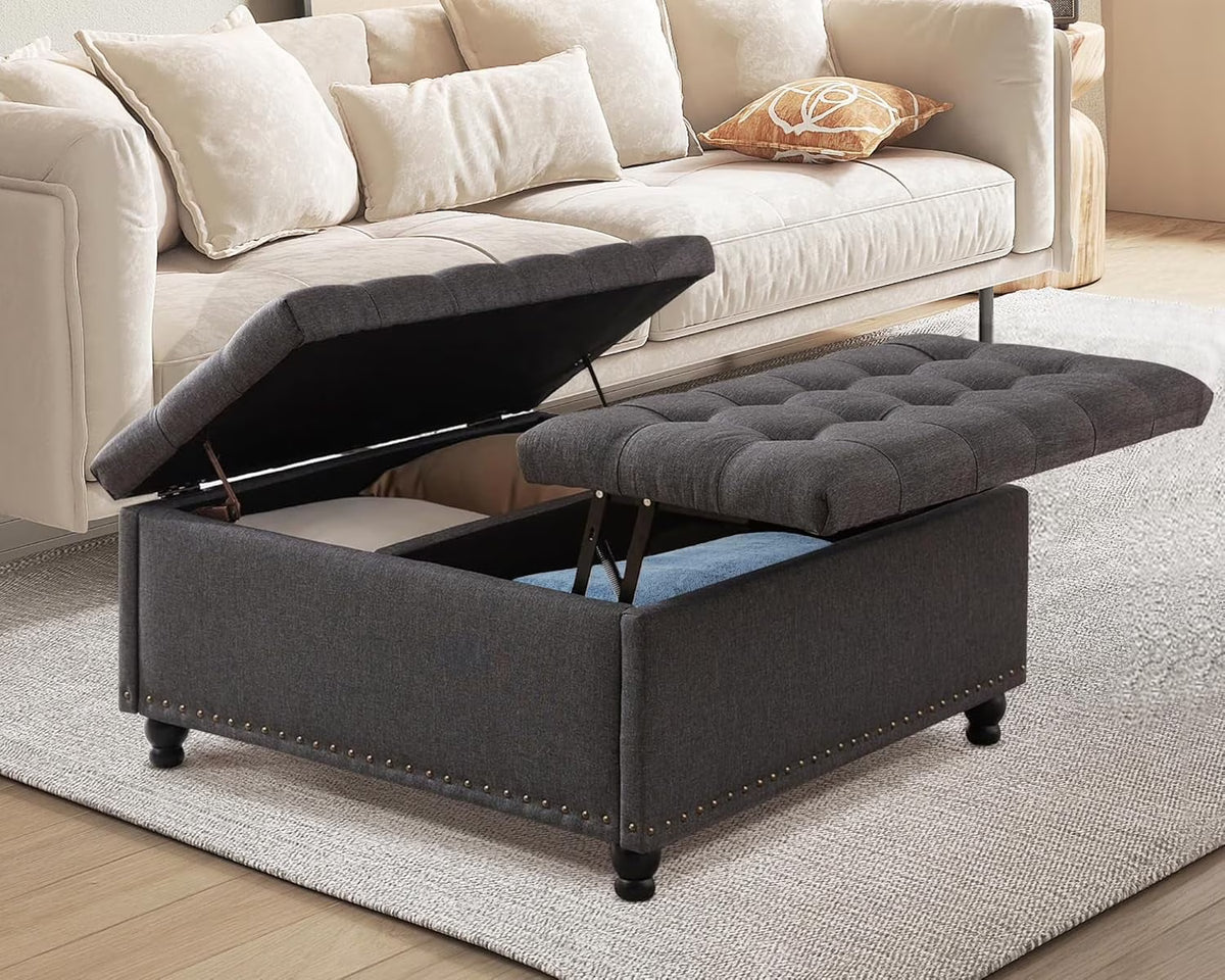 Nouveauté 2026 – Pouf de rangement carré Magic Union 35" , grand modèle, avec plateau relevable et revêtement capitonné, idéal pour le salon (beige