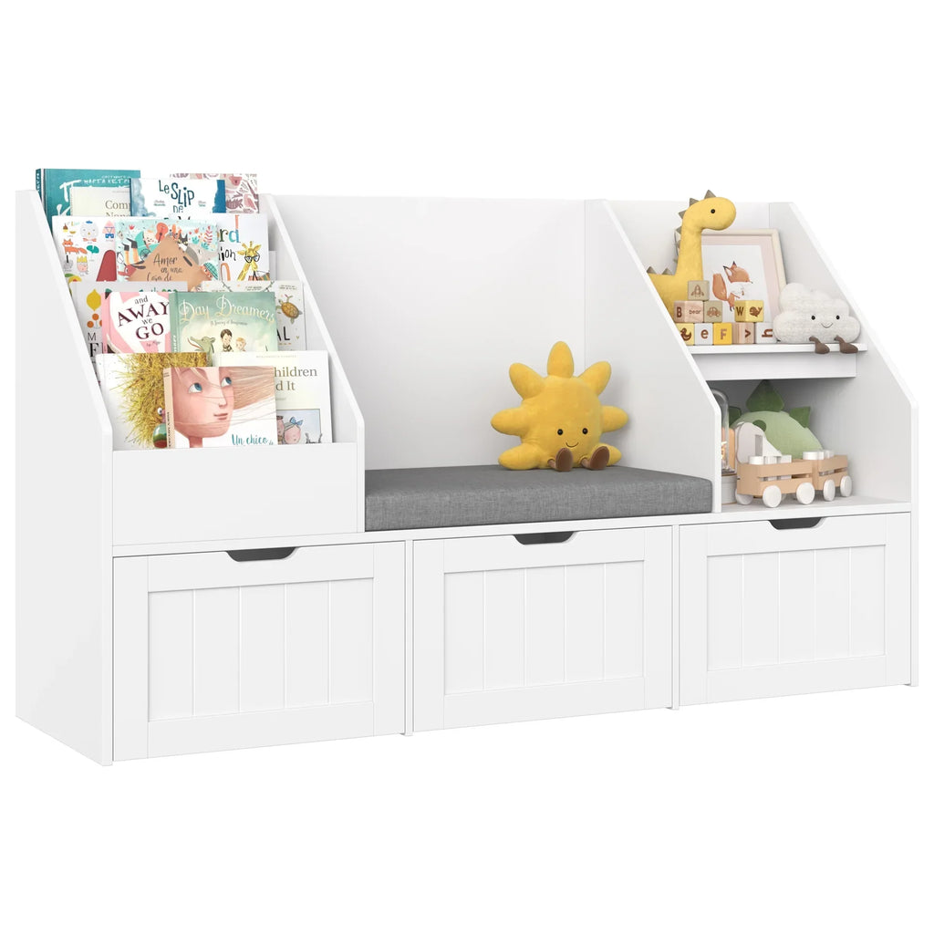 Nouveauté 2026 – Bibliothèque pour enfants Homfa avec coin lecture et 3 tiroirs amovibles, bibliothèque à 2 cubes avec étagères à livres à 4 niveaux, rangement pour jouets et jouets, idéale pour la chambre ou la salle de jeux, blanche