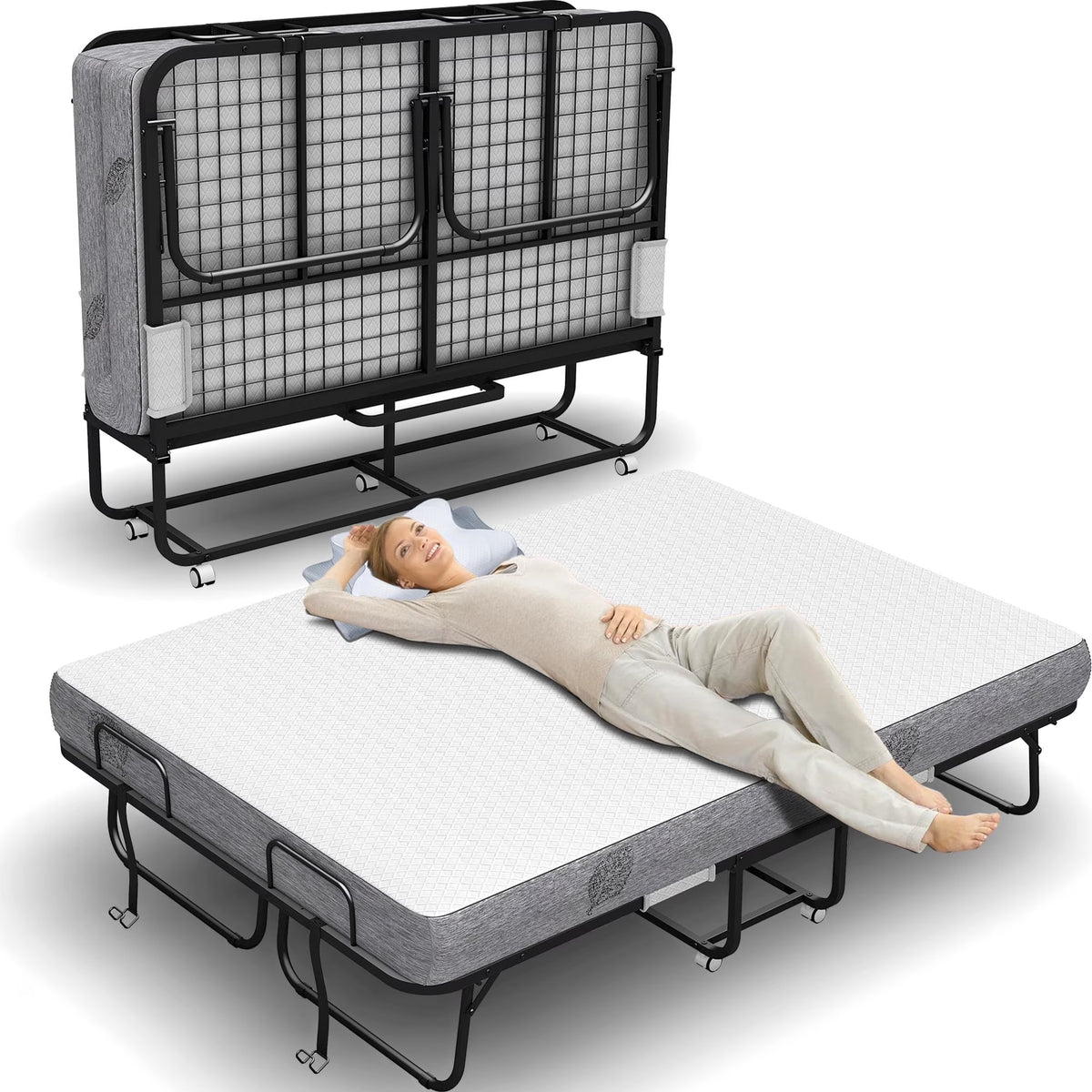 Nouveauté 2026 – Lit pliant Flying avec matelas, format 190 x 79 cm, lit d'appoint pliable et portable pour adultes, avec matelas en mousse à mémoire de forme de 13 cm, structure métallique robuste et peu encombrante
