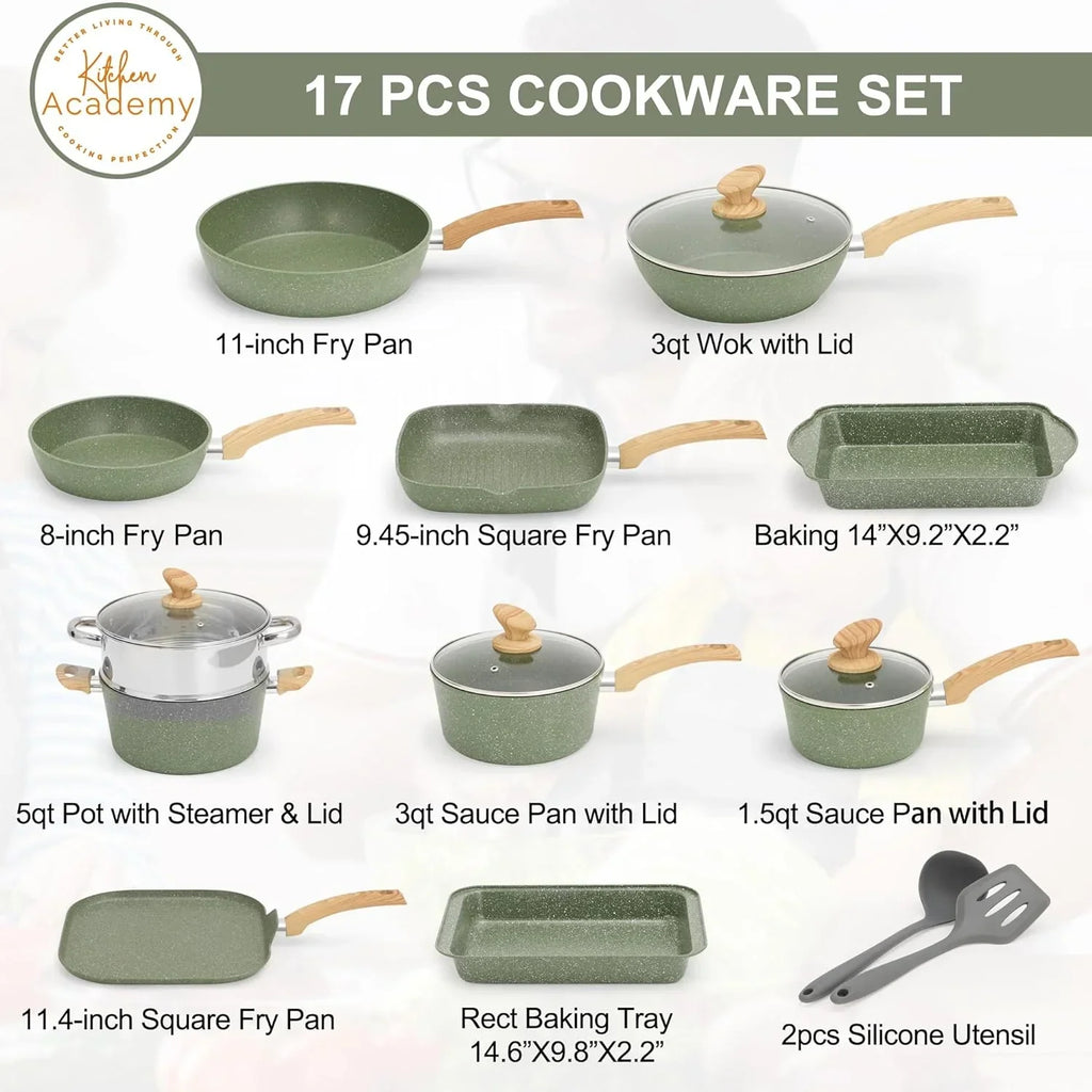 Nouveauté 2026 – Ensemble de 17 pièces de cuisine à induction Kitchen Academy avec plaque de cuisson, casseroles et poêles antiadhésives en granit vert, pour une cuisson saine