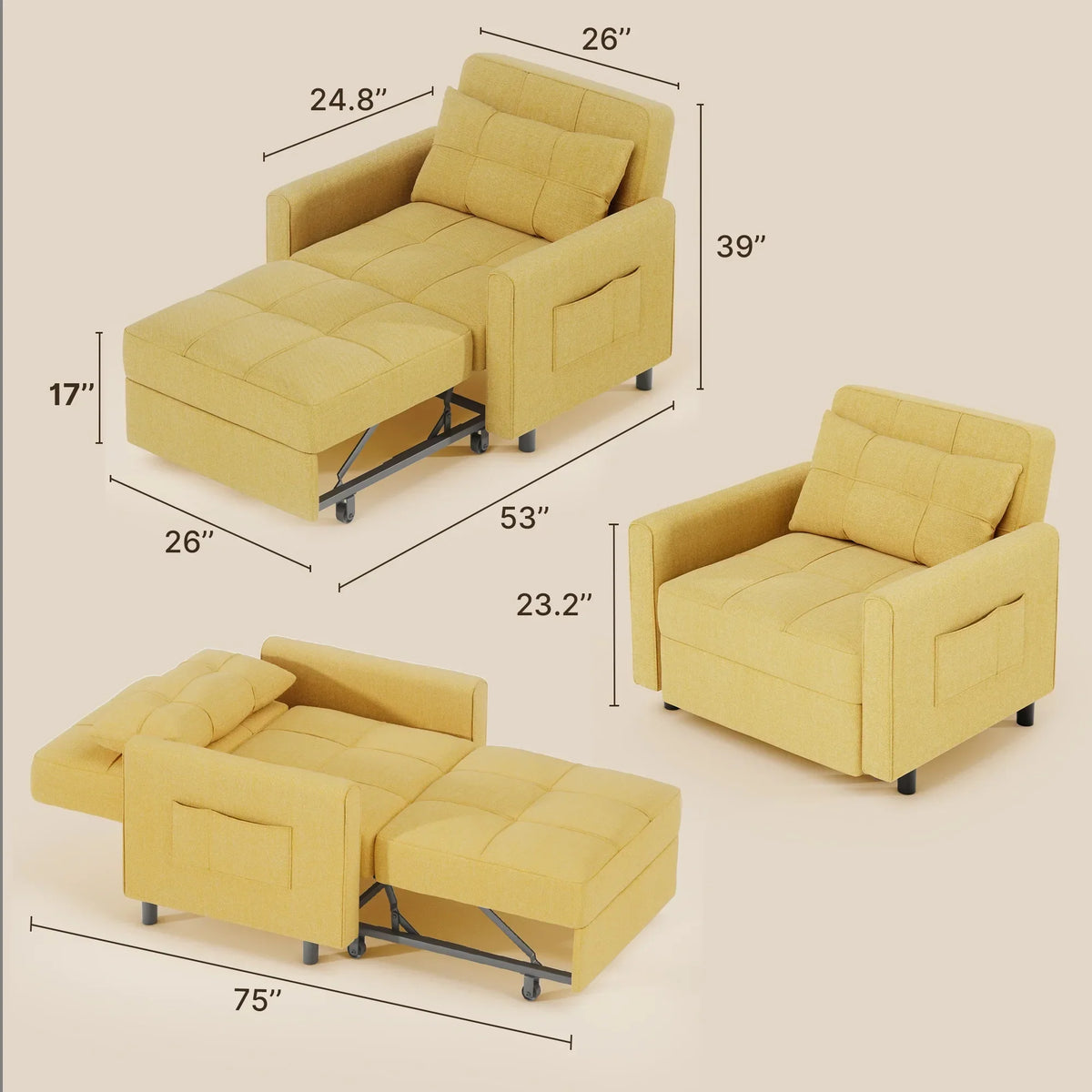 Nouveauté 2026 – Canapé-lit convertible 3 en 1 Lofka avec rangement, dossier réglable et fonction gigogne - Fauteuil-lit idéal pour les petits espaces et les appartements, gris foncé