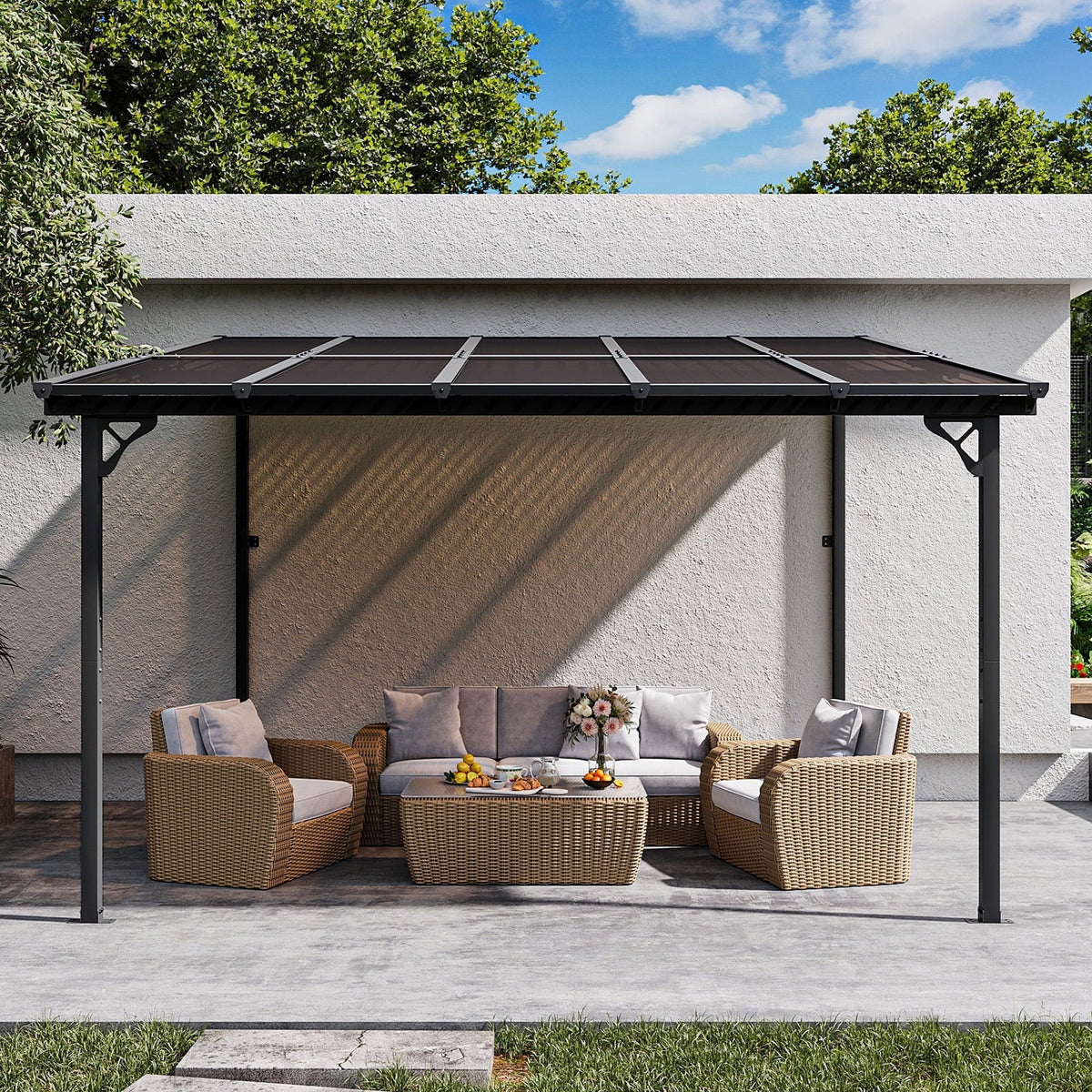 Nouveauté 2026 – Gazebo Aoxun de 2,4 m x 1,5 m pour patio, pergola avec toit incliné, grand auvent mural robuste pour barbecue, idéal pour jardin, terrasse ou patio