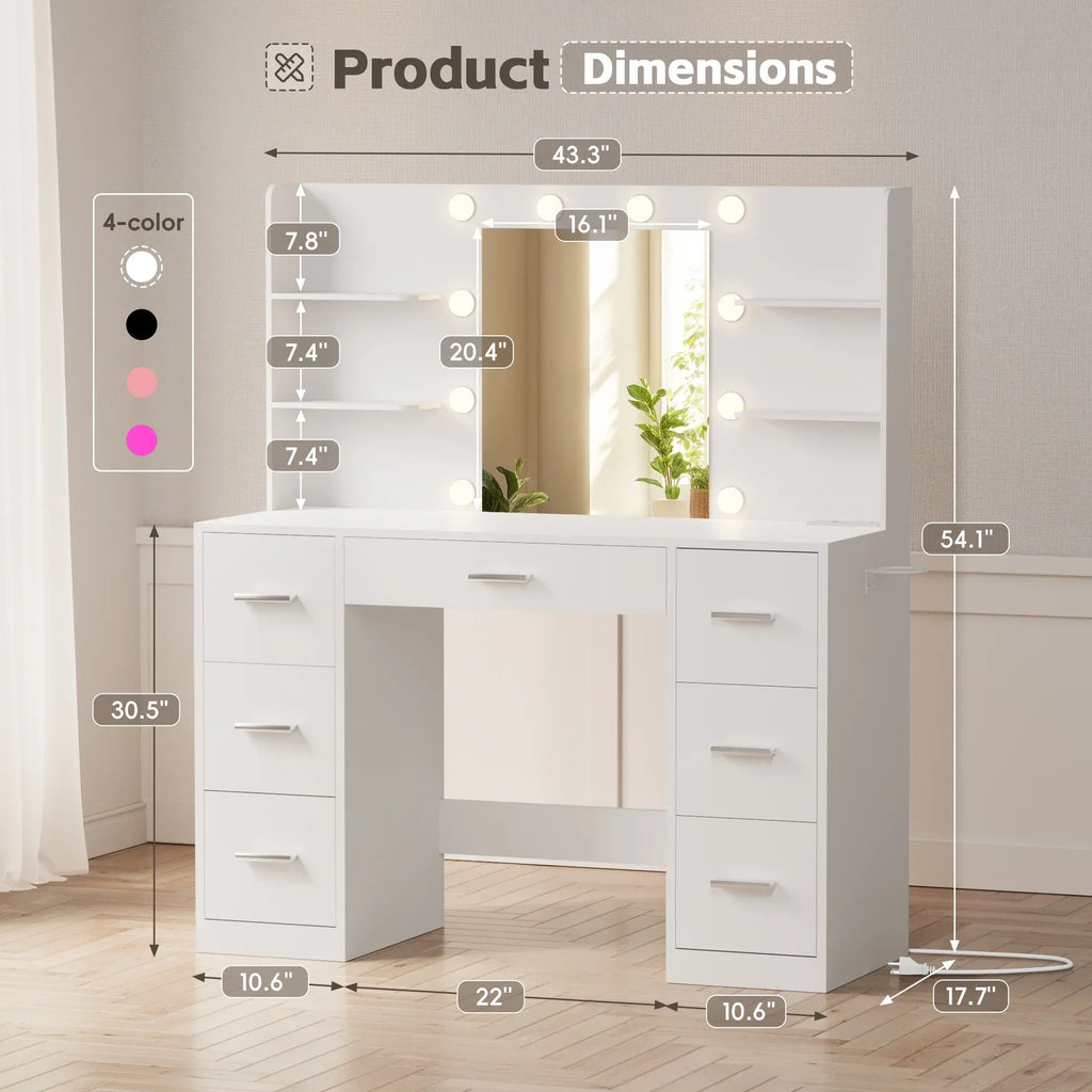 Nouveauté 2026 – Coiffeuse Lacoo avec miroir et éclairage LED, meuble de maquillage avec 7 tiroirs et 4 étagères, table de toilette avec prise électrique pour chambre ou dressing, blanche