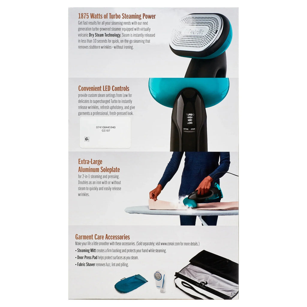 Nouveauté 2026 – Défroisseur vapeur portable Conair Turbo ExtremeSteam 1875 W, 2 en 1, taille unique, noir/vert GS107 (édition limitée