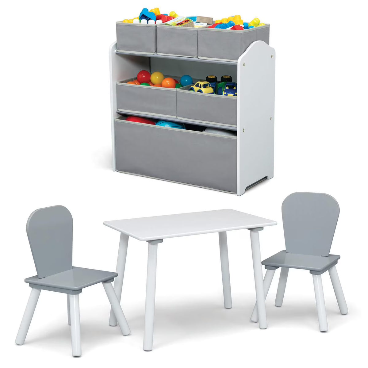 Nouveauté 2026 – Ensemble de jeu pour tout-petits Delta Children 4 pièces – Comprend une table de jeu, 2 chaises et un rangement à jouets à 6 bacs avec autocollants en vinyle réutilisables, rose clair/rose foncé