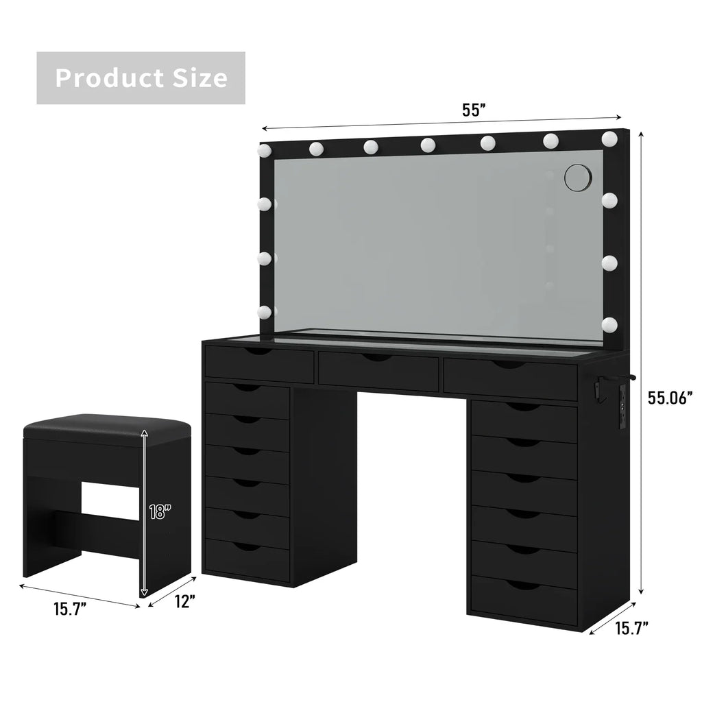 Nouveauté 2026 – Coiffeuse Yanosaku à 15 tiroirs avec prise électrique, miroir et 13 lumières LED, 3 modes d'éclairage de couleur, luminosité réglable, plateau en verre, ensemble coiffeuse pour chambre à coucher
