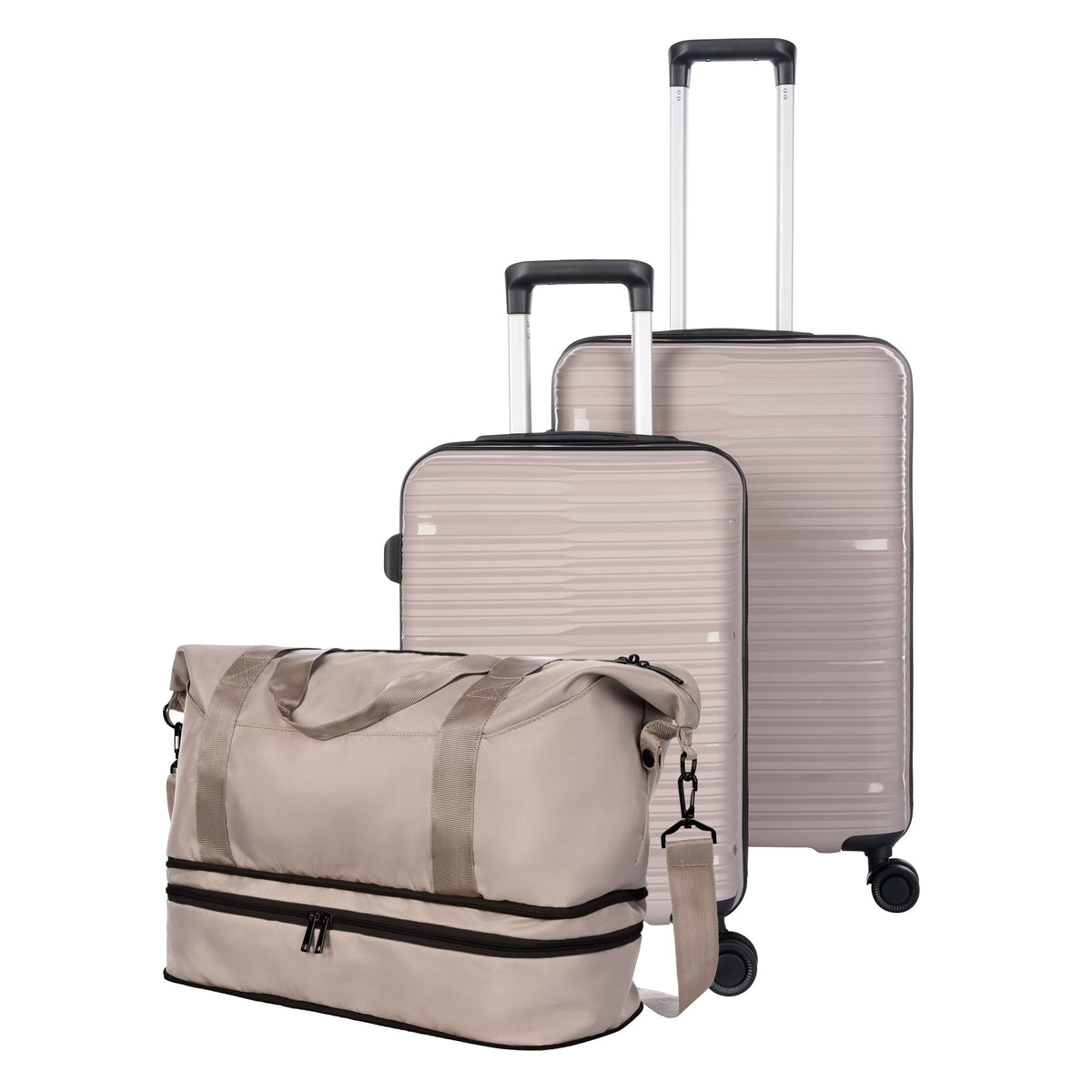 Nouveauté 2026 – Ensemble de bagages 3 pièces Protege , couleur Taupe Splash, comprenant une valise cabine de 20 pouces, une valise de 25 pouces et un sac de voyage week-end