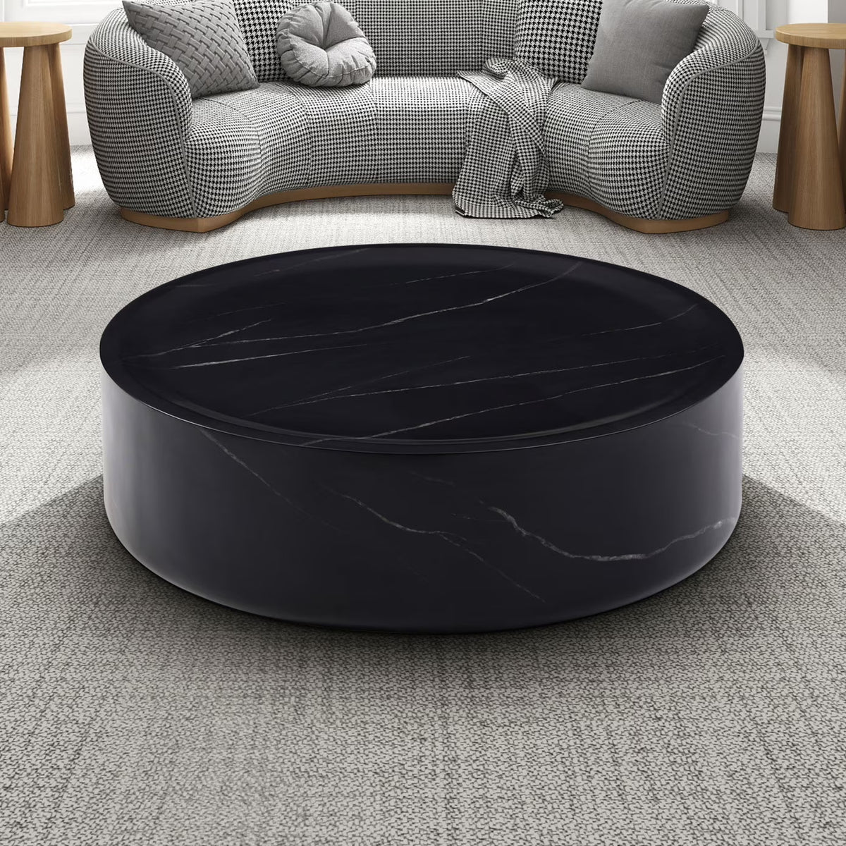 Nouveauté 2026 – Table basse ronde 31,49'' avec texture marbre, table basse circulaire moderne en fibre de verre, table d'appoint pour salon ou extérieur, livrée montée, finition marbre