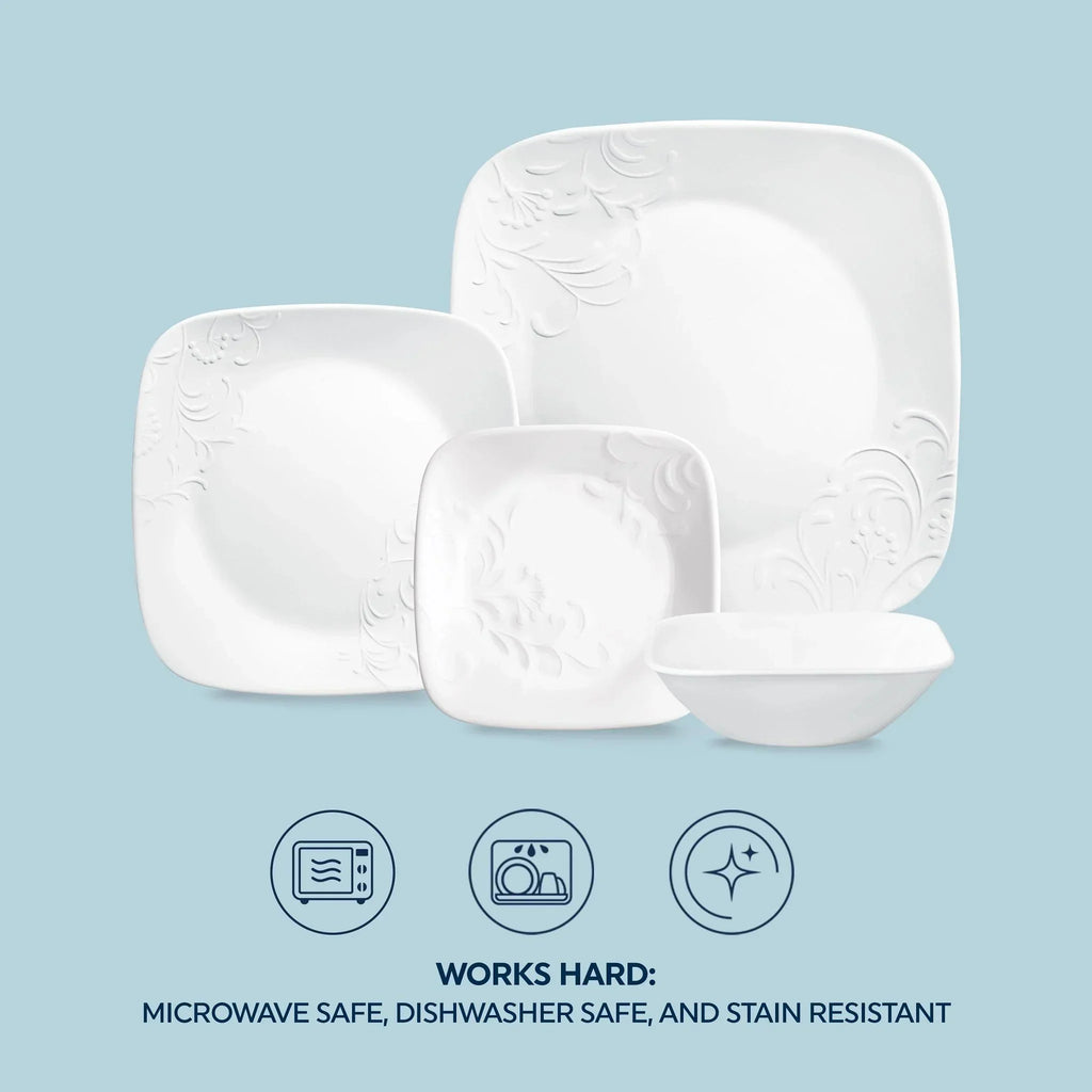 Nouveauté 2026 – Service de table carré en verre embossé Corelle Cherish 16 pièces (pour 4 personnes