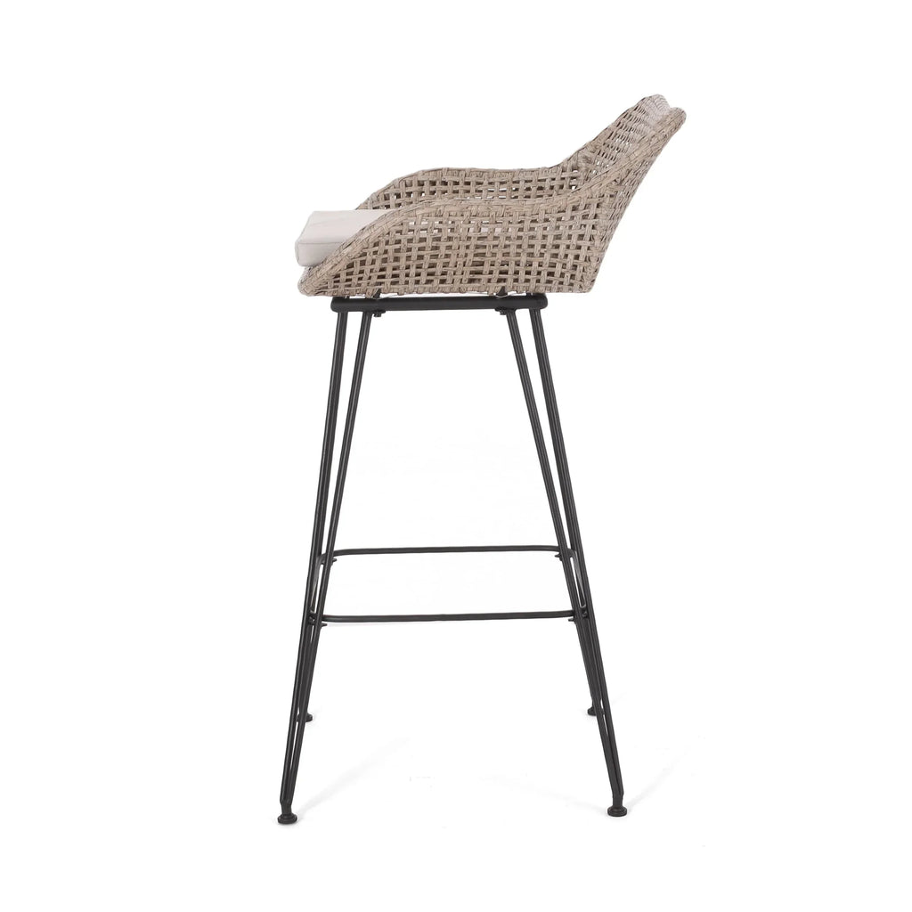 Nouveauté 2026 – Tabourets de bar d'extérieur Verano en résine tressée et métal avec coussin, lot de 4, coloris marron et beige
