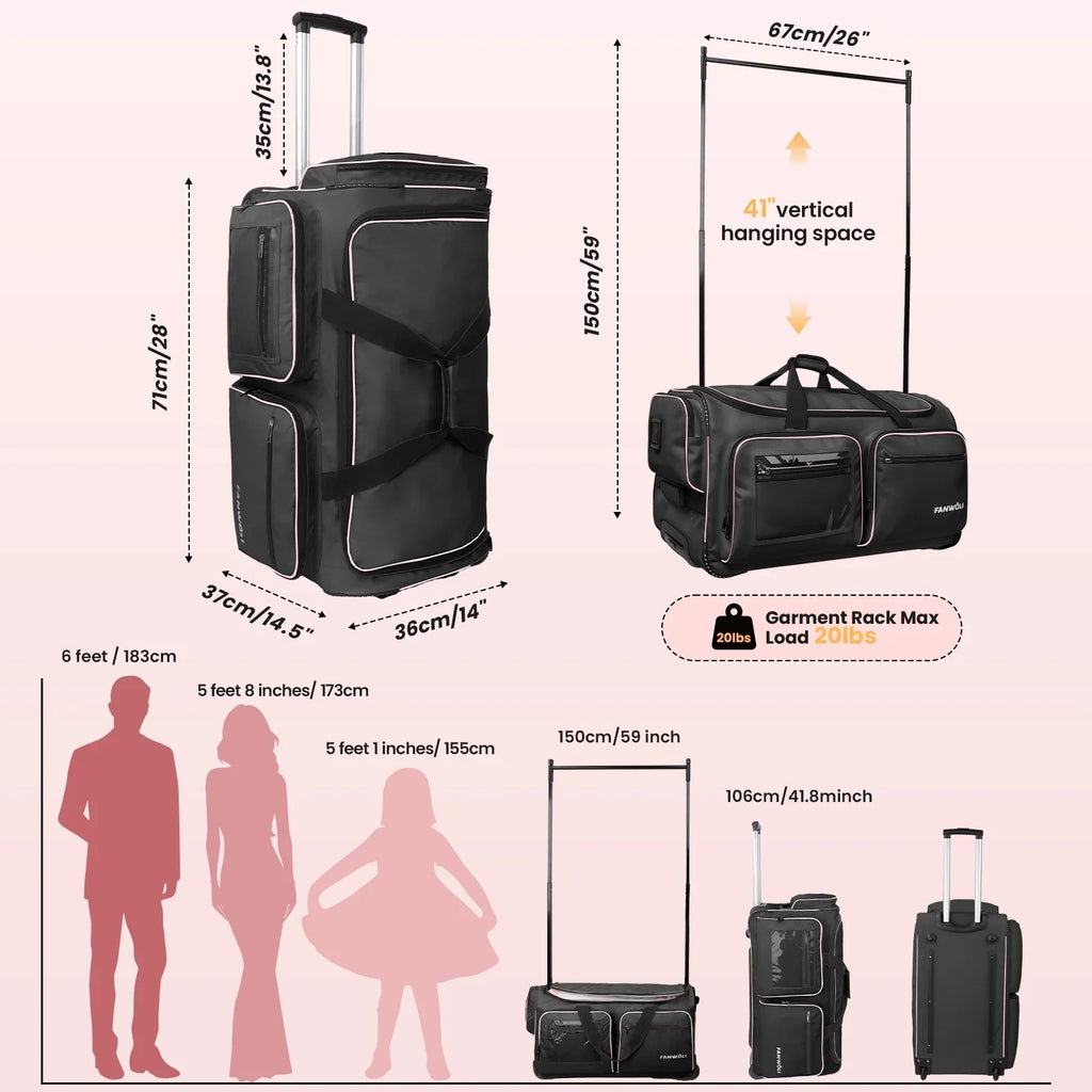 Nouveauté 2026 – Sac de danse Fegat avec portant - Sac de danse pliable à roulettes de 71 cm (28 pouces) pour compétitions, danse, spectacles, streamers et athlètes. Valise légère à roulettes