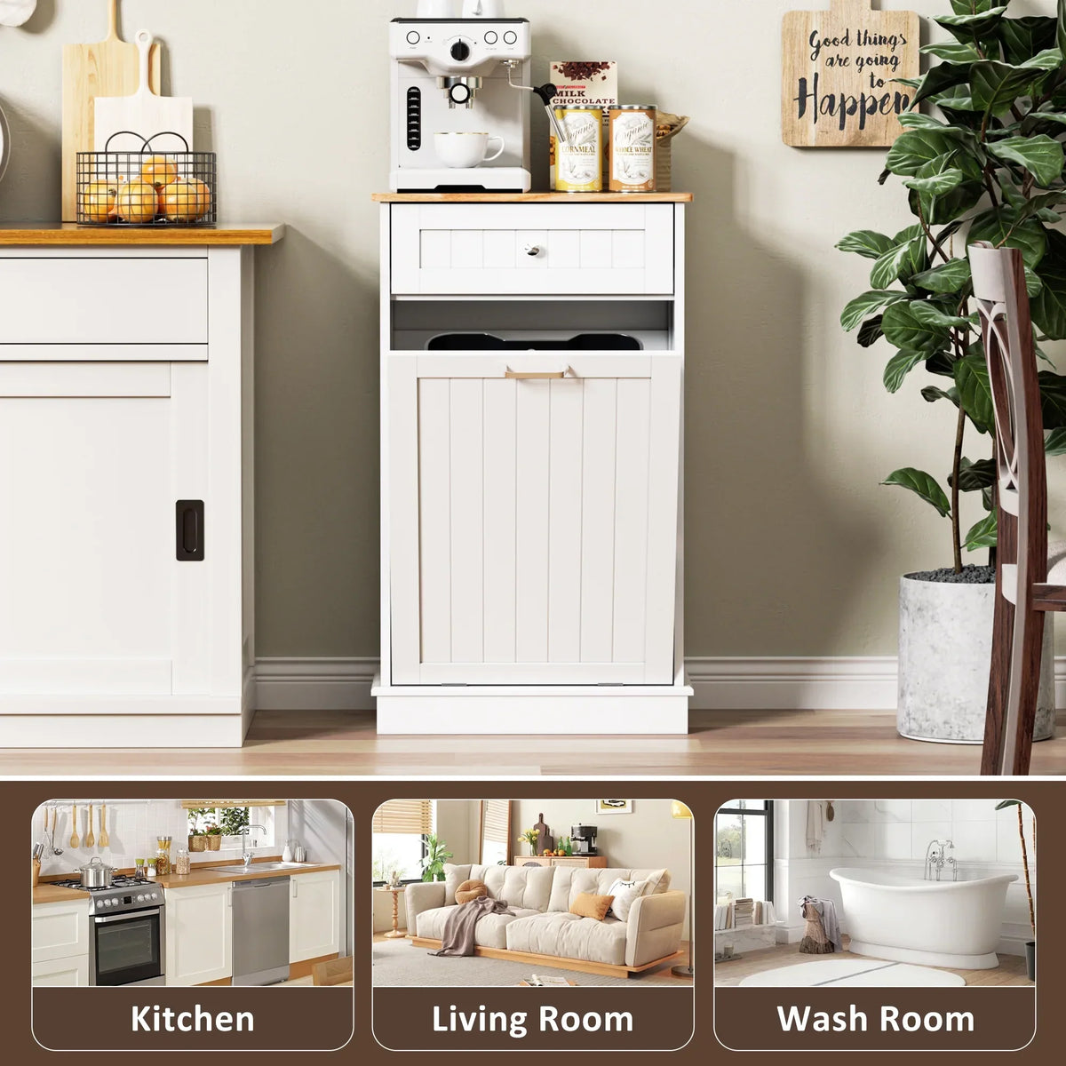 Nouveauté 2026 – Meuble poubelle basculant HARIPUL pour bac à déchets de 49 litres (13 gallons), meuble poubelle de cuisine autoportant avec tiroirs, blanc