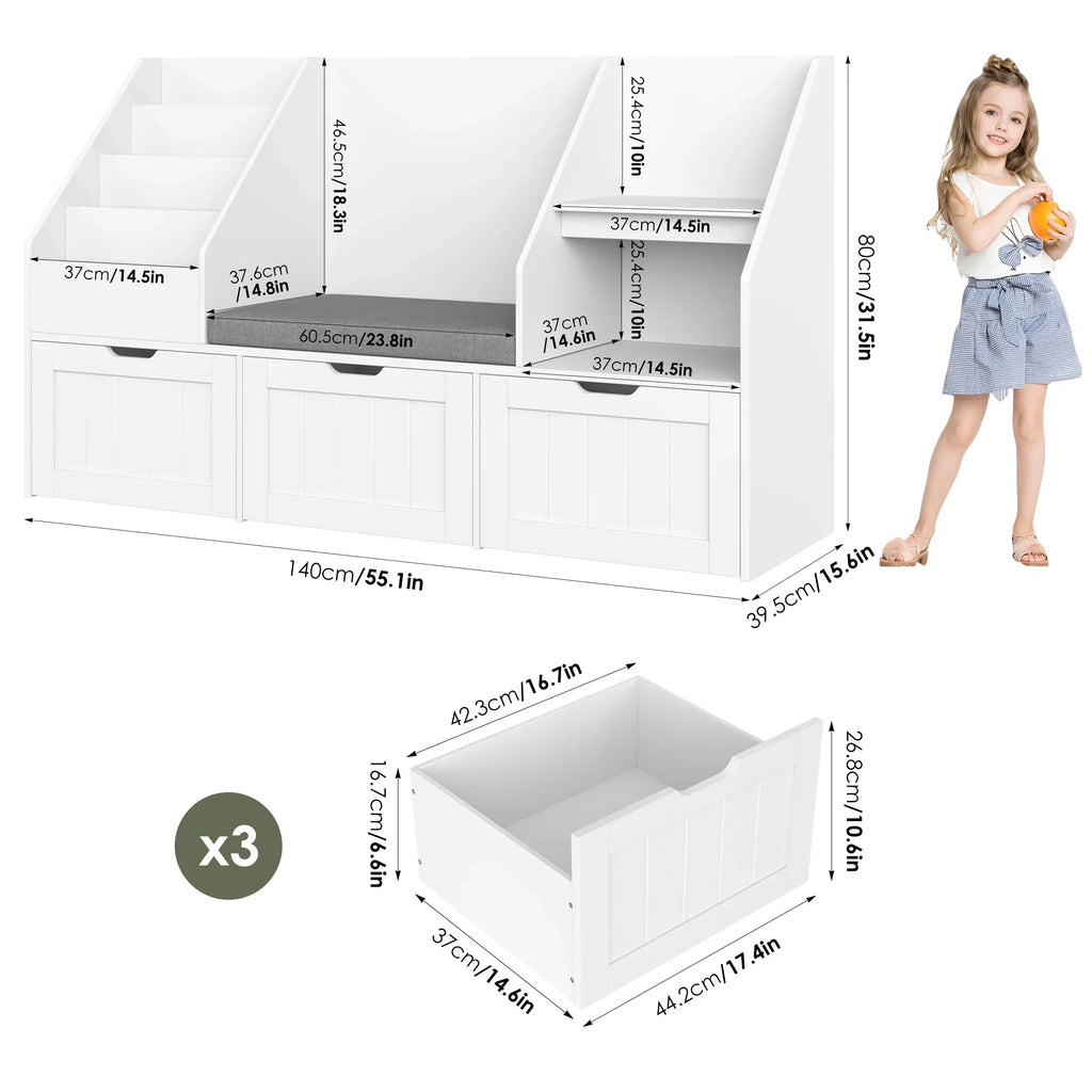 Nouveauté 2026 – Bibliothèque pour enfants Homfa avec coin lecture et 3 tiroirs amovibles, bibliothèque à 2 cubes avec étagères à livres à 4 niveaux, rangement pour jouets et jouets, idéale pour la chambre ou la salle de jeux, blanche