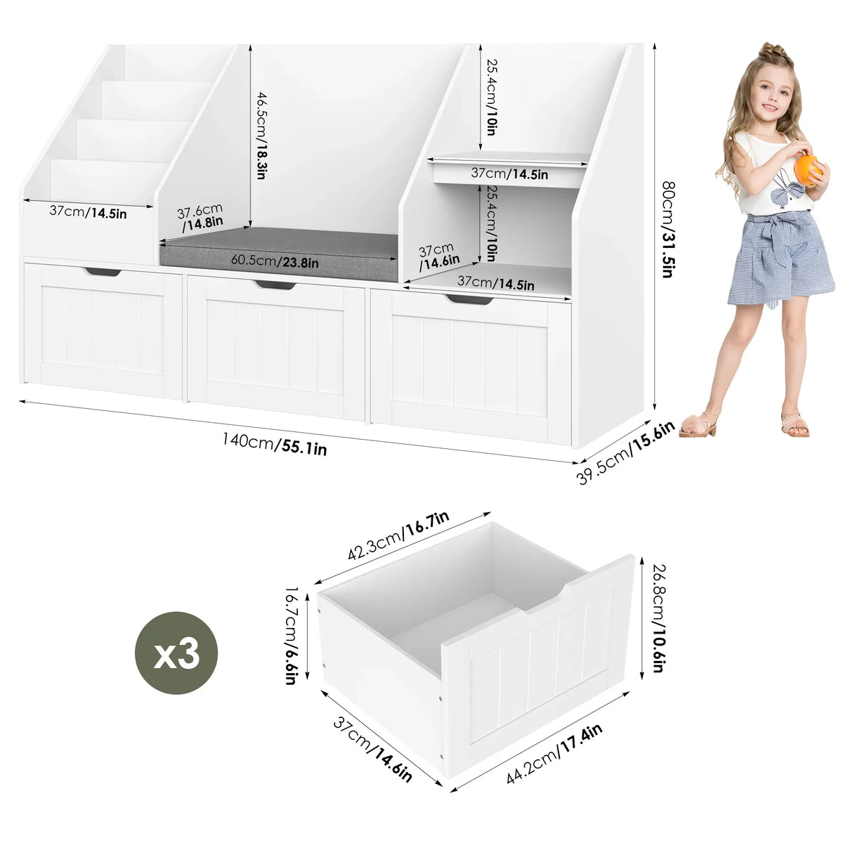 Nouveauté 2026 – Bibliothèque pour enfants Homfa avec coin lecture et 3 tiroirs amovibles, bibliothèque à 2 cubes avec étagères à livres à 4 niveaux, rangement pour jouets et jouets, idéale pour la chambre ou la salle de jeux, blanche