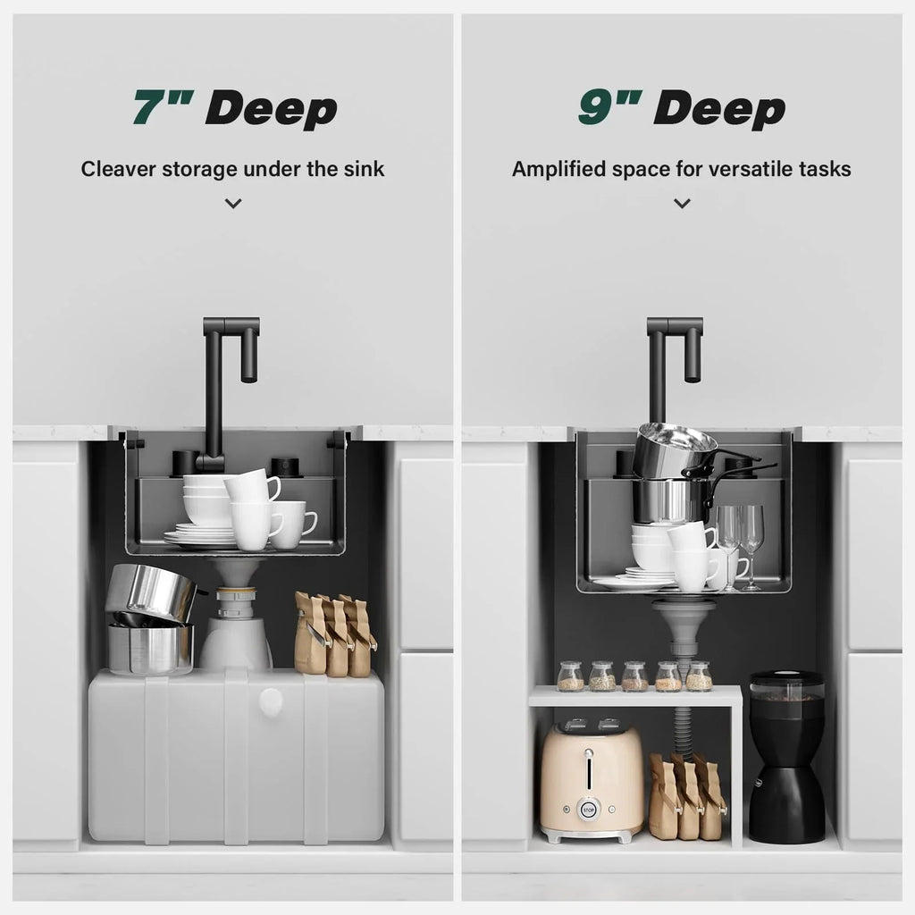 Nouveauté 2026 – Évier de cuisine pour VR TORVA , 33 x 38 x 18 cm, encastré sous plan, en acier inoxydable de calibre 16, à une cuve, avec robinet pliable et planche à découper, gris foncé