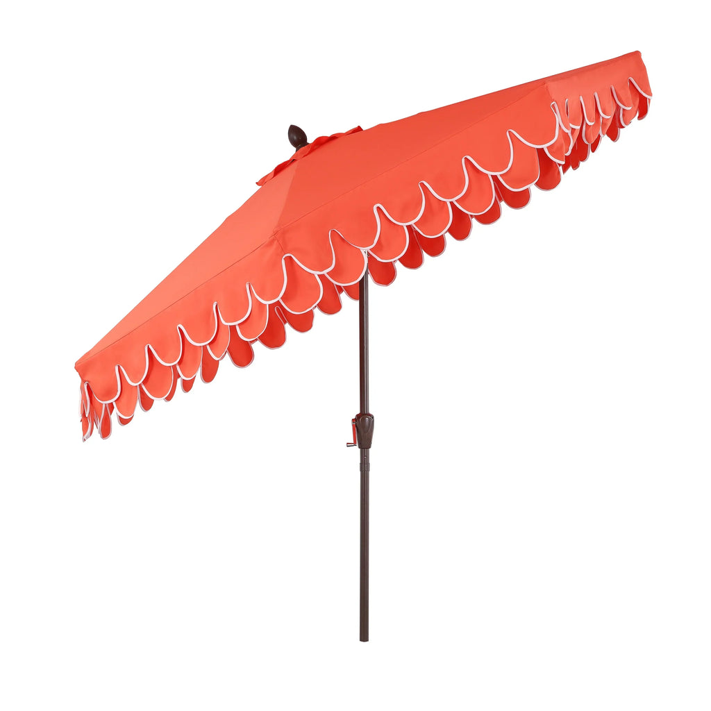Nouveauté 2026 – Parasol de marché JONATHAN Y Tracy 2,74 m (9 pi), style classique milieu du siècle, franges festonnées, manivelle d'inclinaison automatique, aération et protection UV, rose corail/blanc, mât marron foncé
