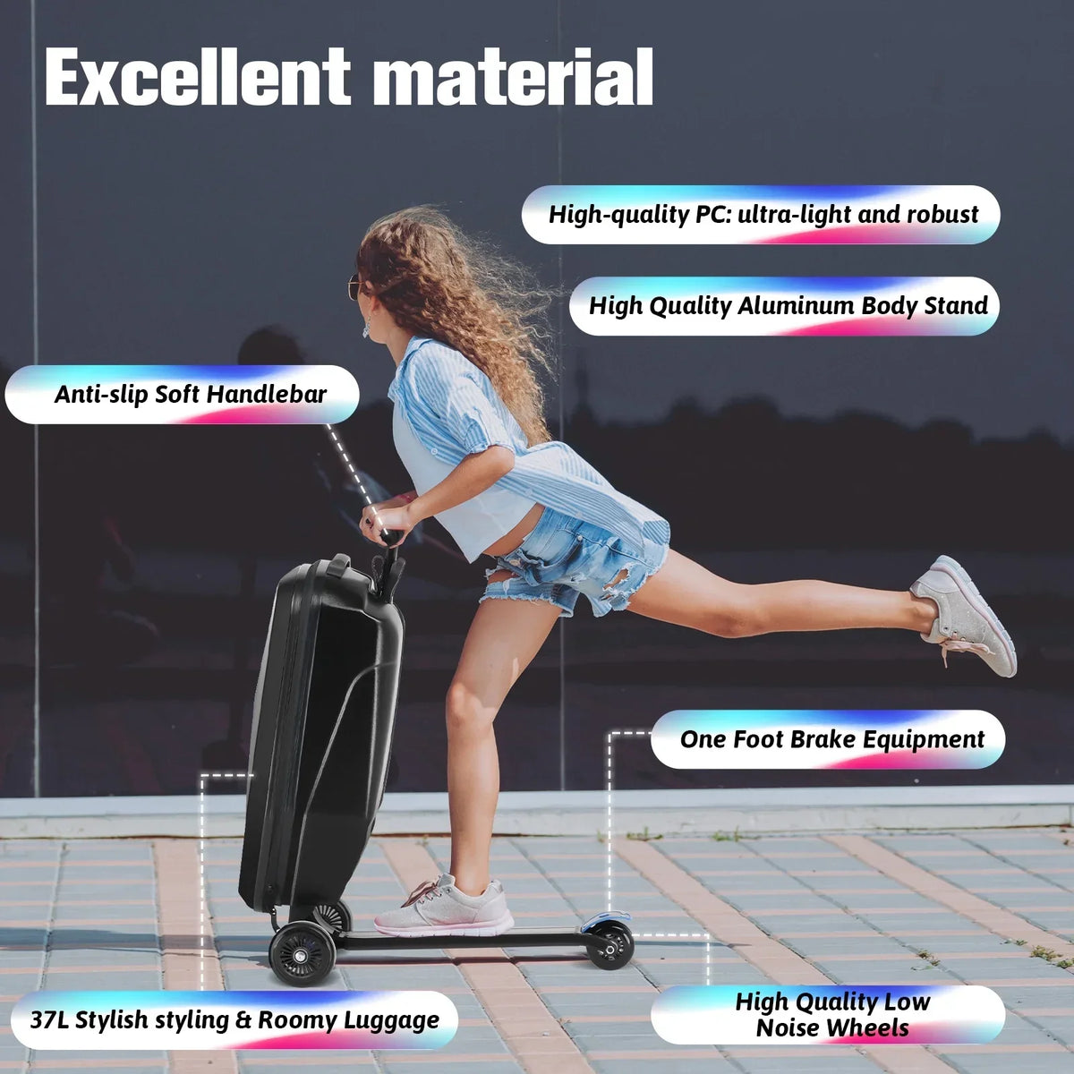 Nouveauté 2026 – Valise-trottinette Advwin pour enfants et adultes, valise rigide à roulettes pour enfants de 4 à 15 ans, multifonctionnelle, légère et pliable, avec roulettes, rose