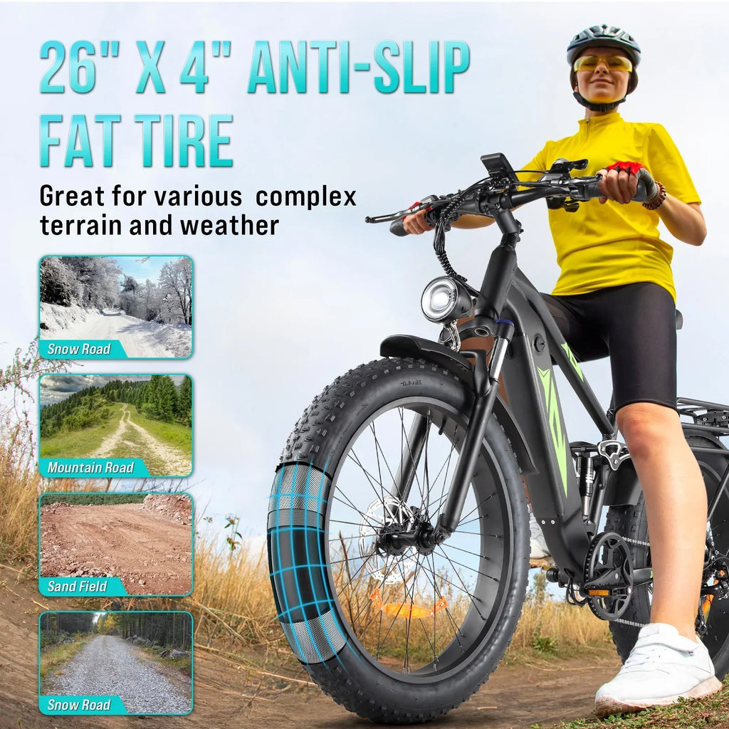 Nouveauté 2026 – Vélo électrique pour adultes, 1000 W, pneus larges 26 pouces, batterie 48 V 17,5 Ah, vitesse maximale de 45 km/h, 7 vitesses, freins à disque hydrauliques doubles, écran LCD, autonomie de 96 km, VTT électrique