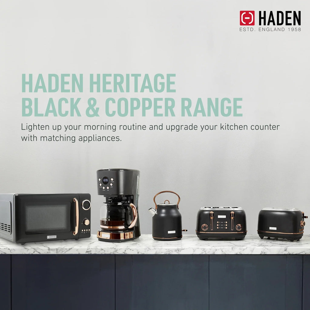 Nouveauté 2026 – Bouilloire électrique Haden Heritage 1500 1,7 W , finition noir mat avec accents cuivrés