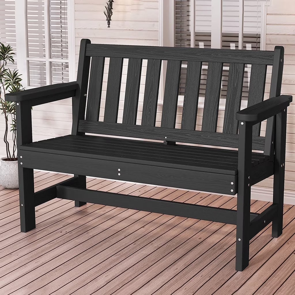 Nouveauté 2026 – Banc d'extérieur SERWALL pour 2 personnes, en PEHD résistant aux intempéries avec renforts en aluminium, supporte jusqu'à 300 kg, confortable pour terrasse, jardin et véranda, noir